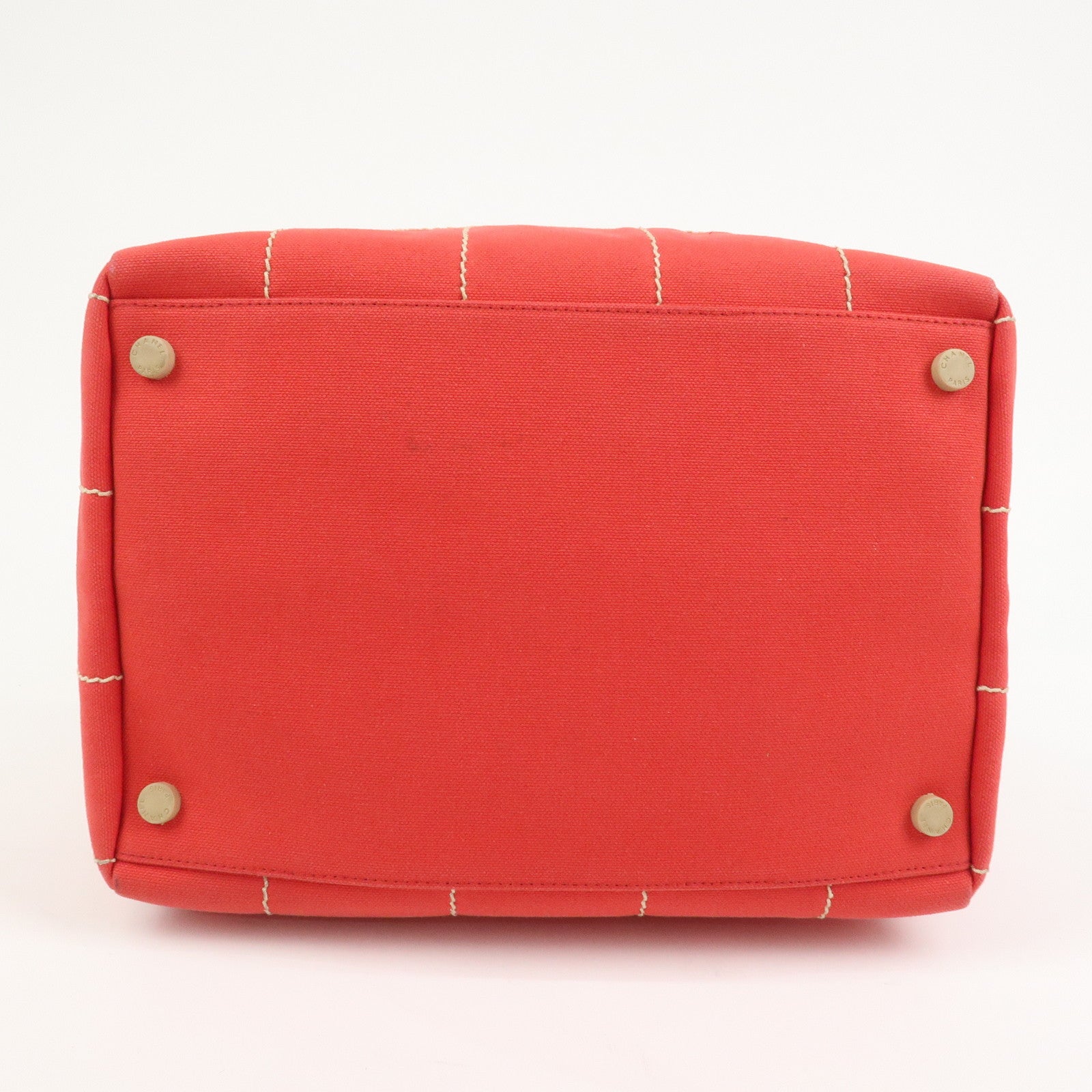 CHANEL Chocolate Bar COCO Mark Canvas Leather Hand Bag Red