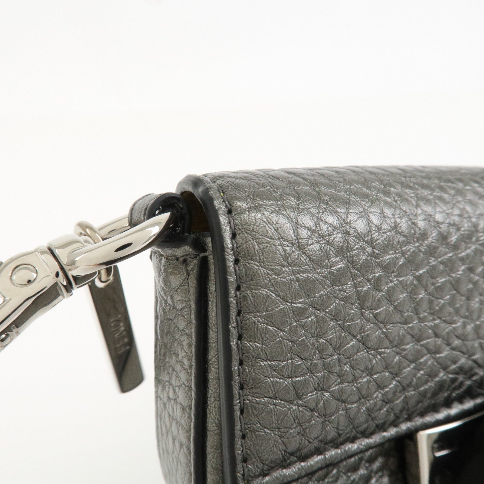 FENDI Nano Baguette Calf Leather Bag Charm Key Chain Silver 7AR809