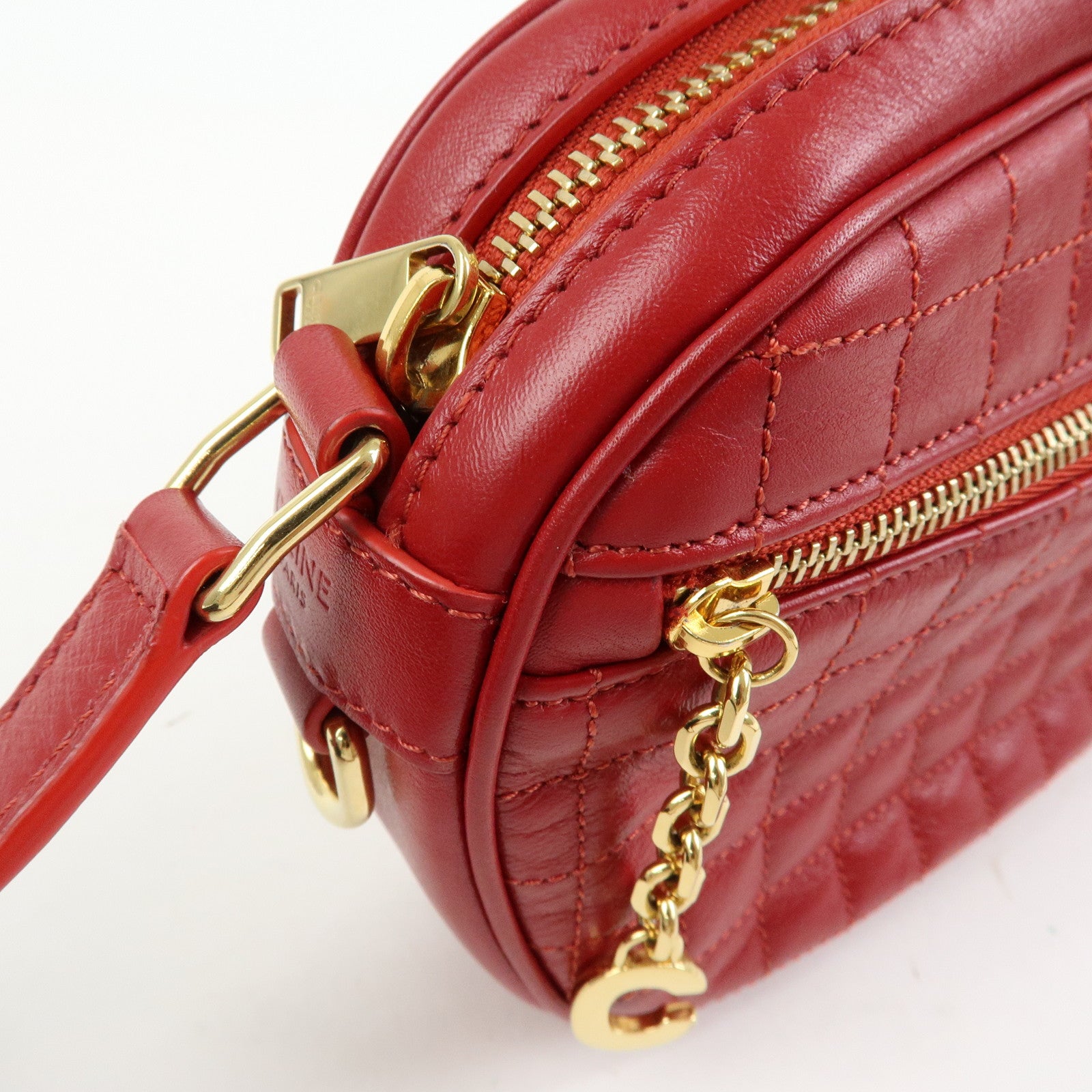 CELINE Leather Shoulder Bag Crossbody Bag C Charm Red