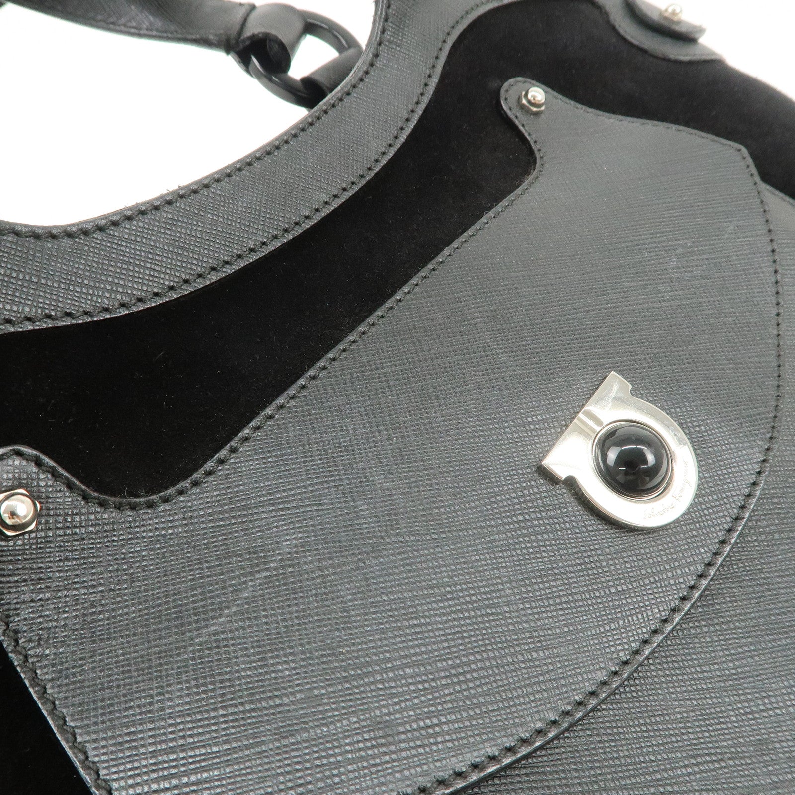 Ferragamo Gancini Leather Suede Hand Bag Black Used