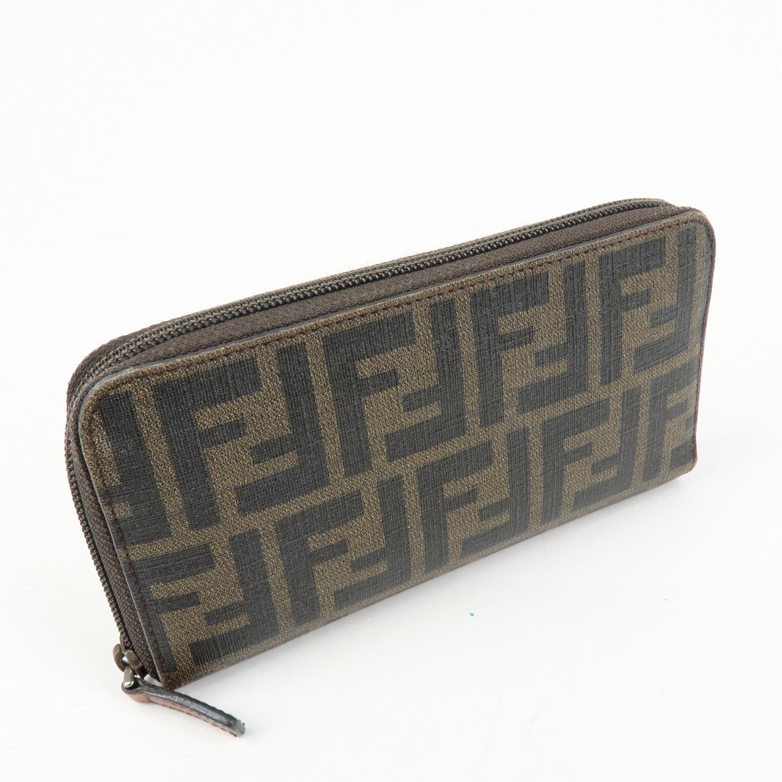 FENDI Zucchino Canvas Leather Round Zippy Long Wallet Brown 8M0024