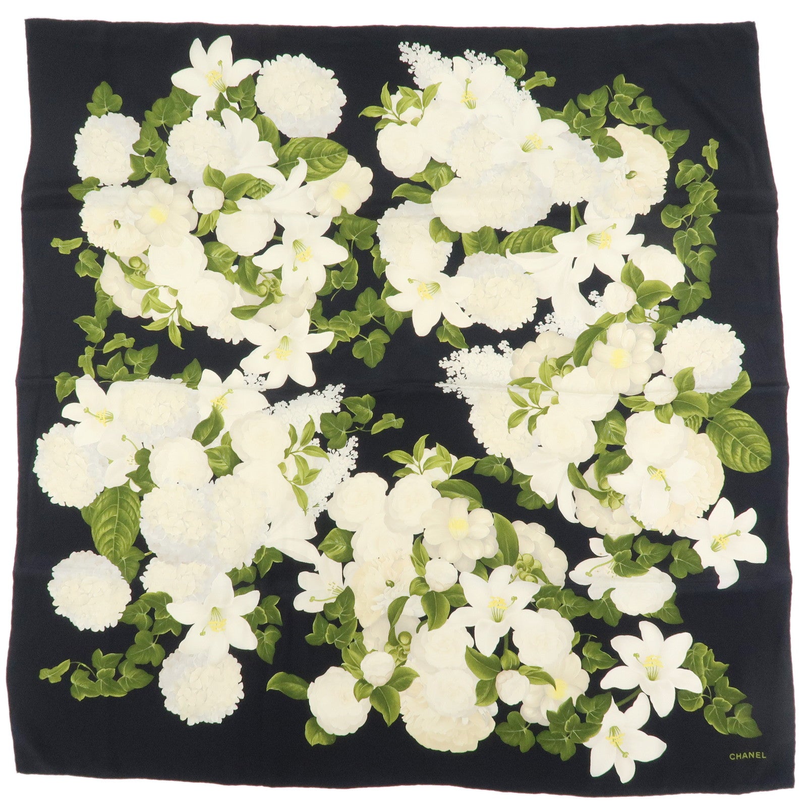 CHANEL Silk 100% Vintage Scarf Flower Print Black White