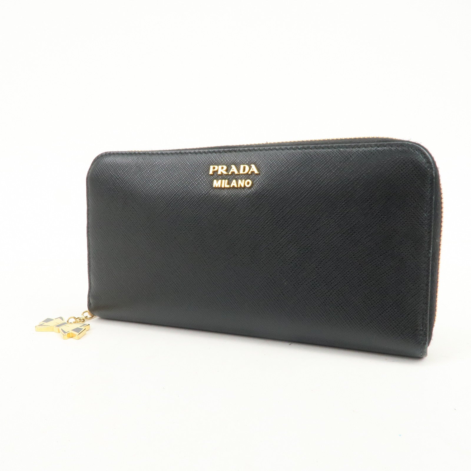 PRADA Logo Saffiano Leather Round Zippy Long Wallet Black