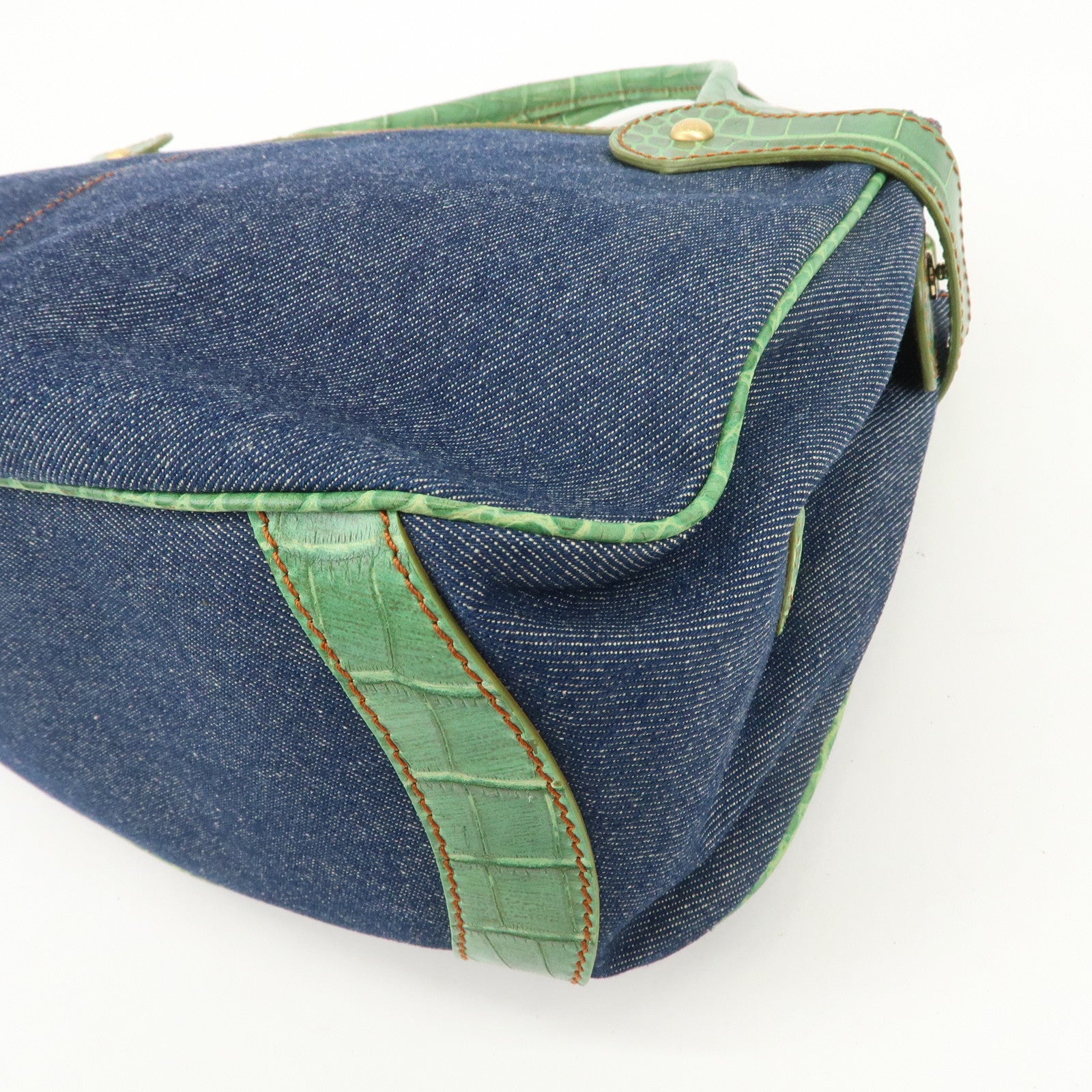 TOD’S Logo Denim Emboss Leather Hand Bag Shoulder Bag Blue Green