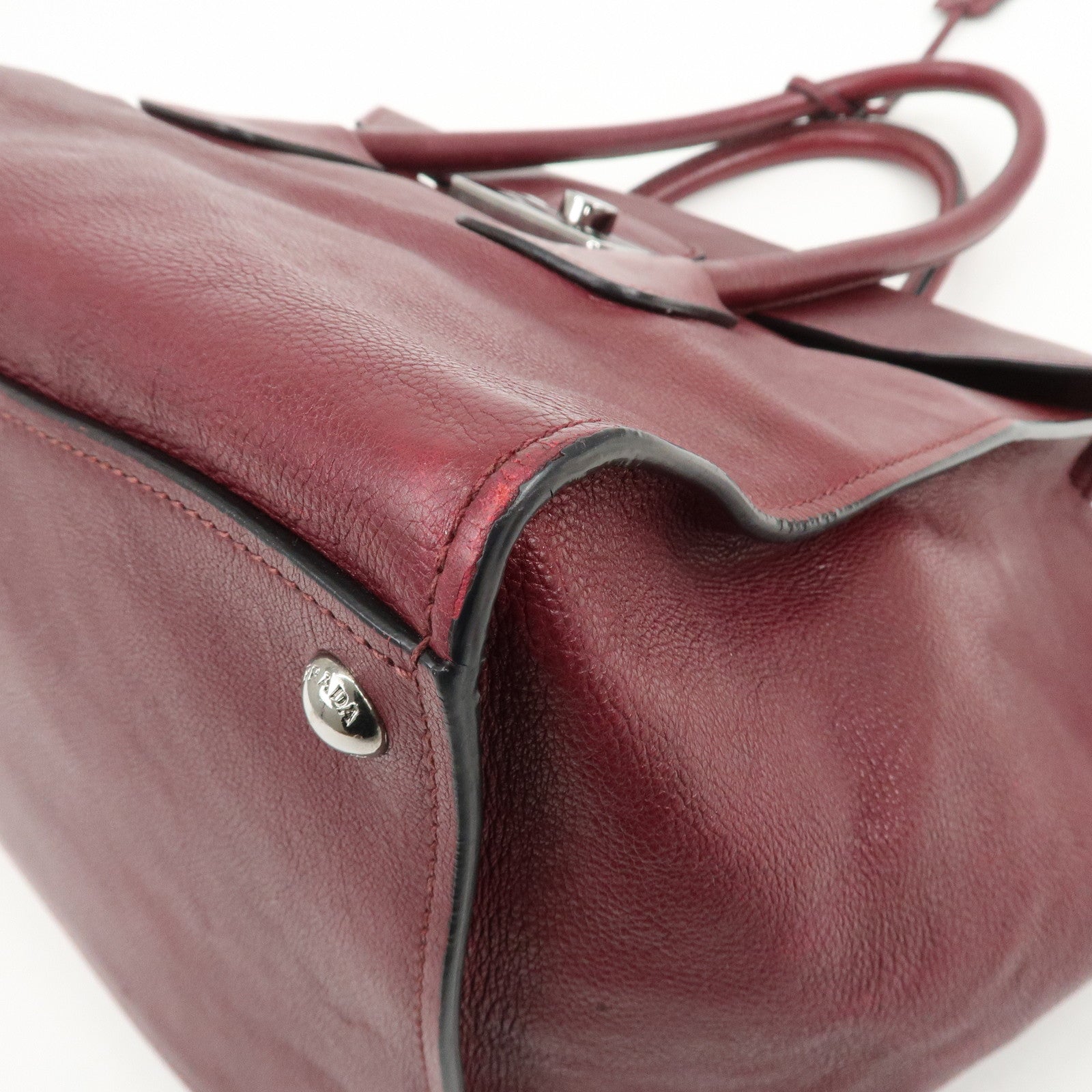 PRADA Leather 2Way Bag Flap Tote Bag Hand Bag Bordeaux