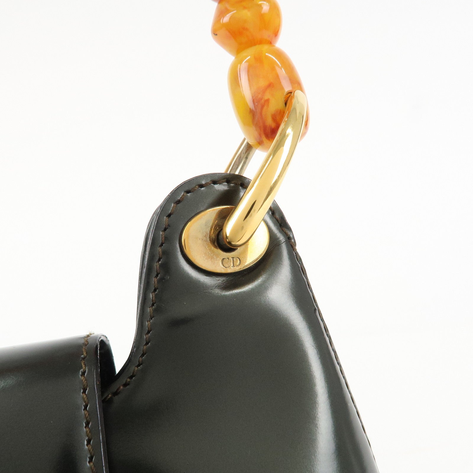 Christian Dior Enamel Leather Maris Pearl Shoulder Bag Hand Bag Khaki Used