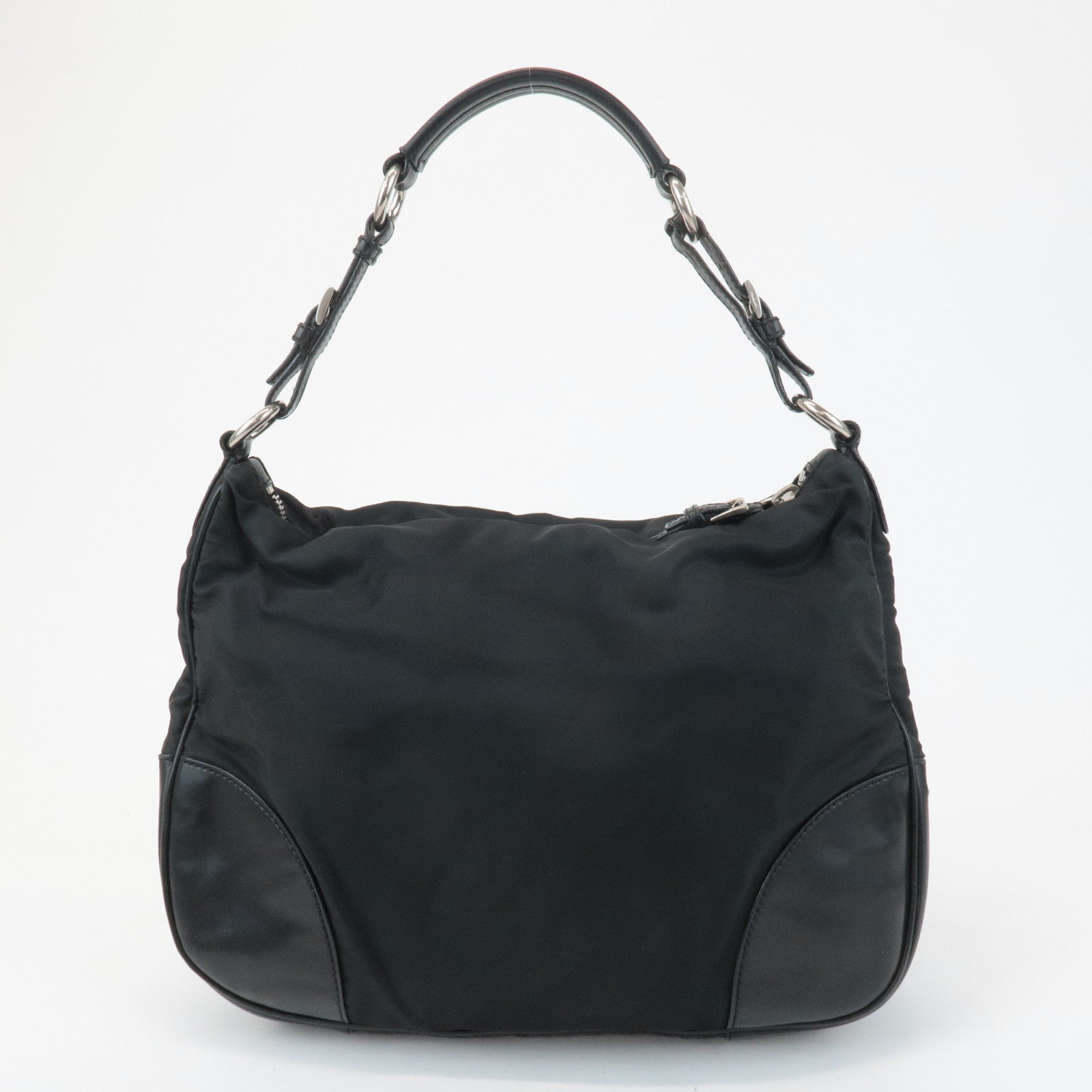 PRADA Triangle Logo Leather Nylon Shoulder Bag Black
