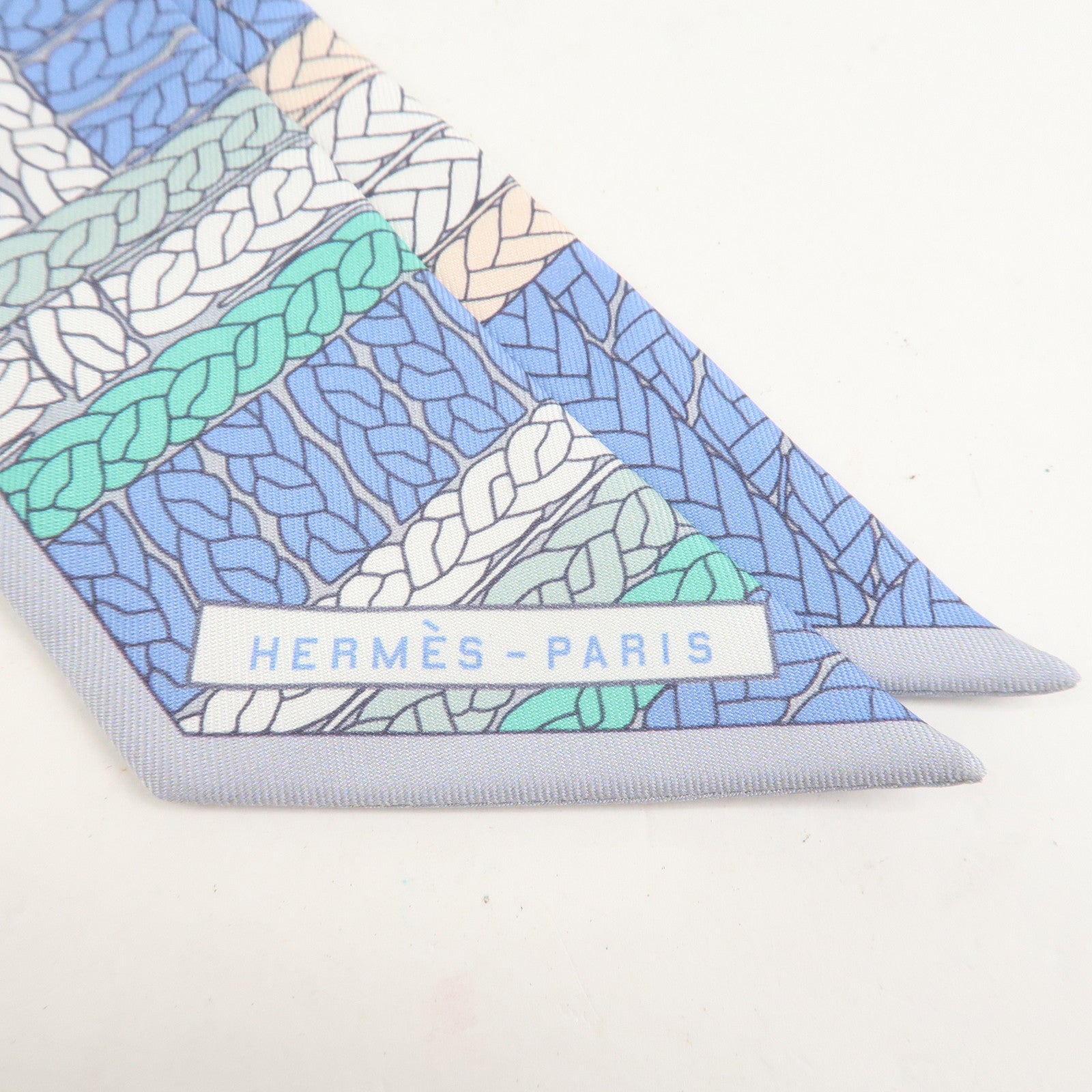 HERMES Twilly Silk 100% Scarf TRESSES H Blue White