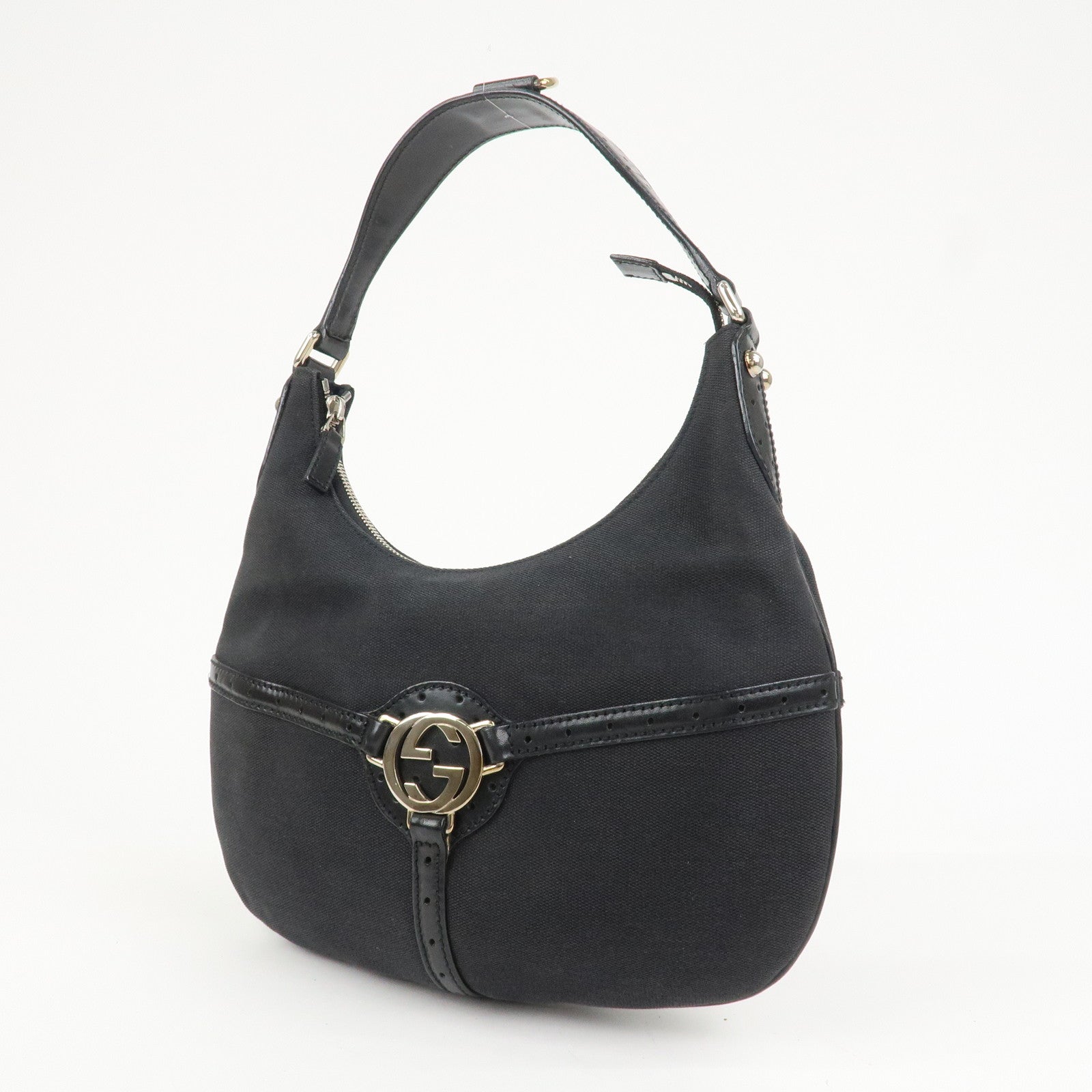 GUCCI Interlocking G Canvas Leather One Shoulder Bag Black 114869
