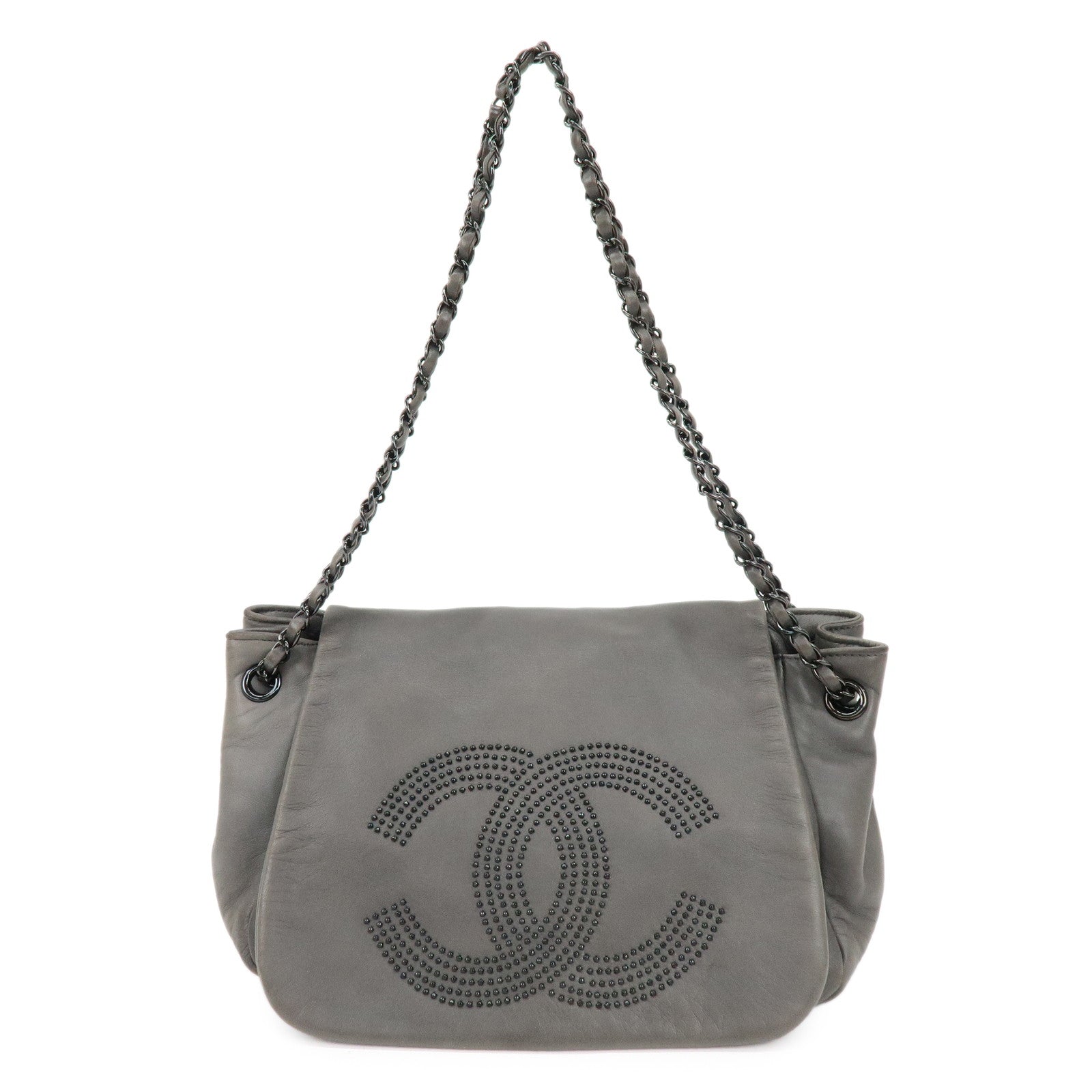 CHANEL COCO Mark Lamb Skin Chain Flap Shoulder Bag Gray CHANEL COCO Mark Lamb Skin Chain Flap Shoulder Bag Gray