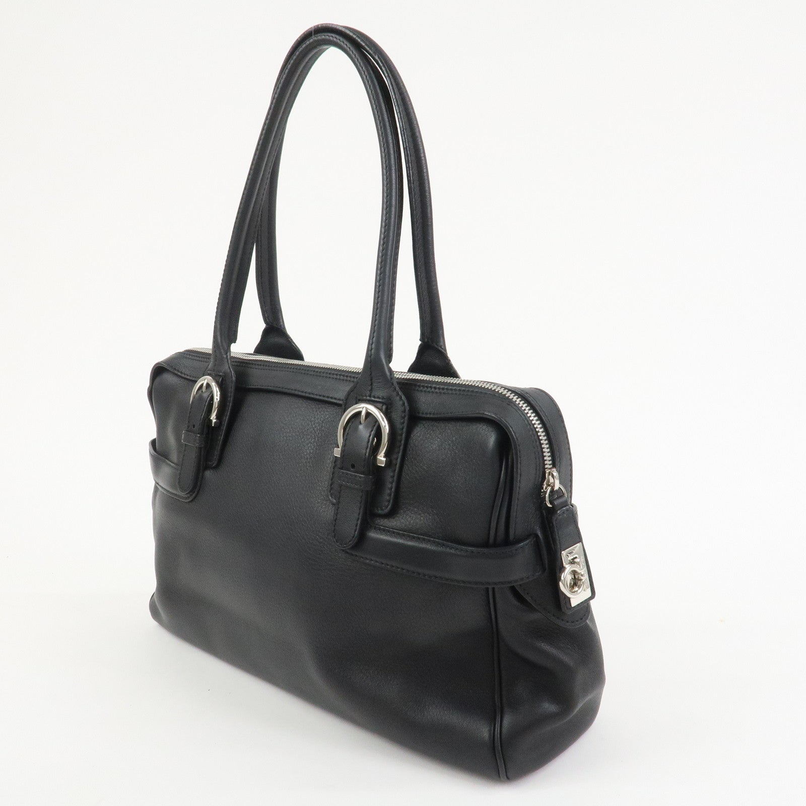 Ferragamo Gancini Leather Shoulder Bag Hand Bag Black
