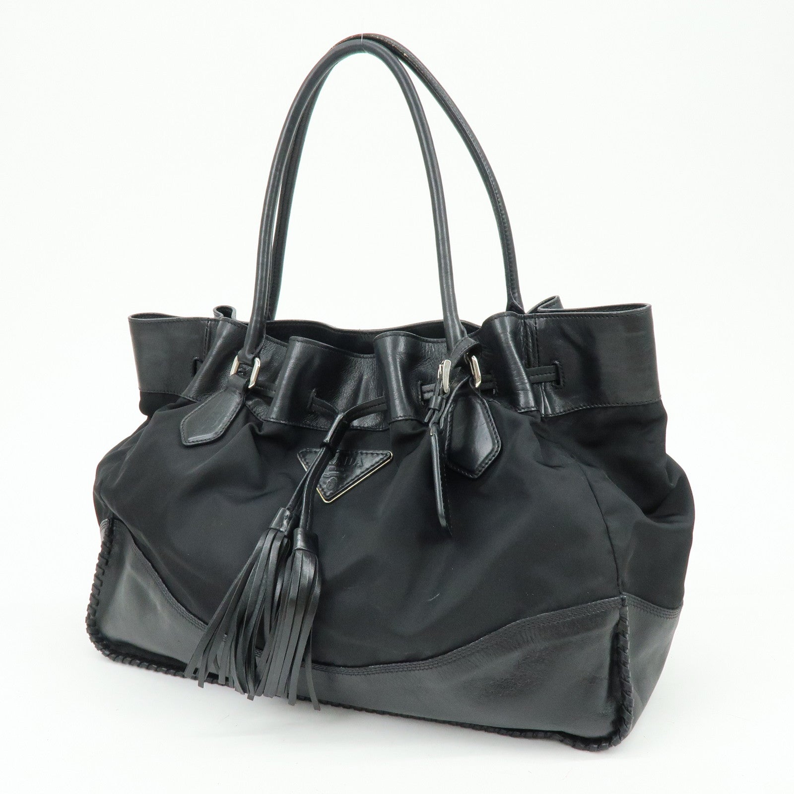 PRADA Triangle Logo Nylon Leather Tote Bag Hand Bag Black BR3616