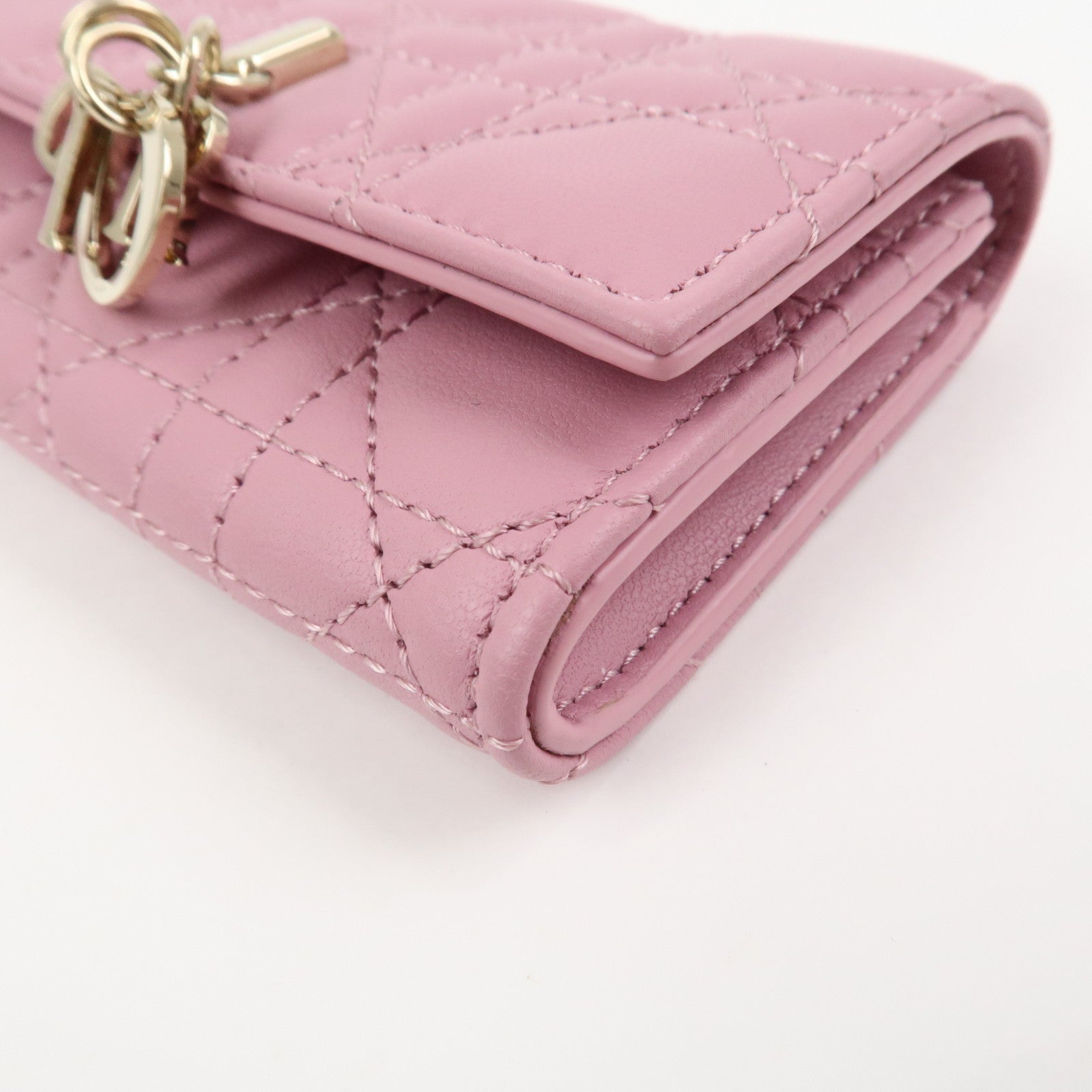 Christian Dior Cannage Logo Leather Bi-fold Compact Wallet Pink