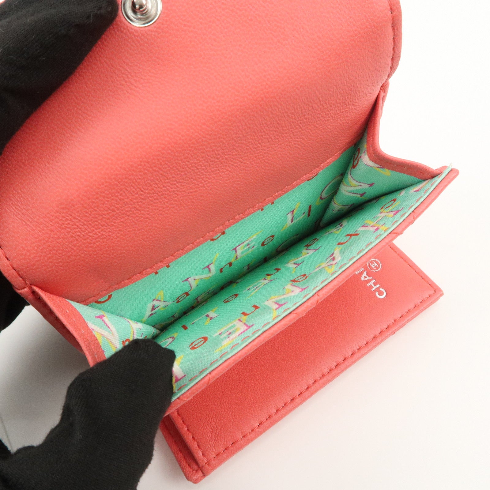CHANEL Matelasse Lamb Skin Tri-fold Compact Wallet Coral AP0094