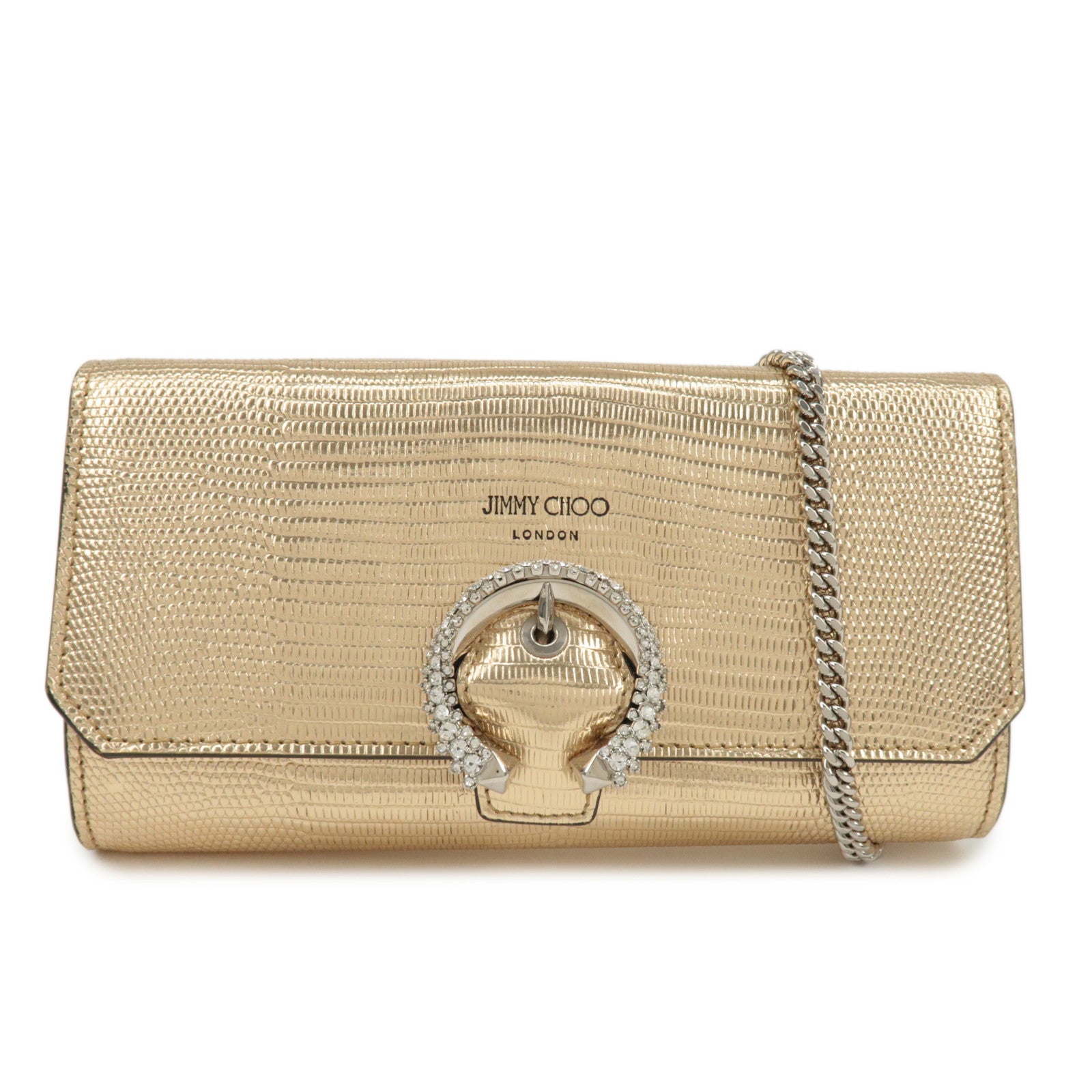JIMMY CHOO Leather Rhine Stone Chain Wallet Gold Silver HDW Used