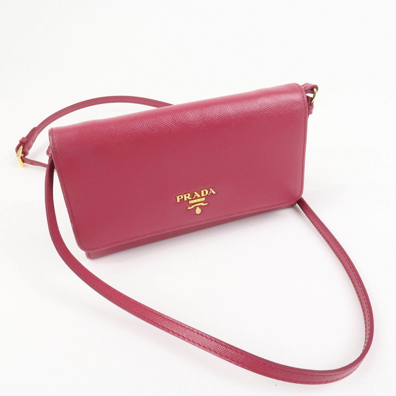 PRADA Logo Saffiano Leather Shoulder Long Wallet Pink 1M1437