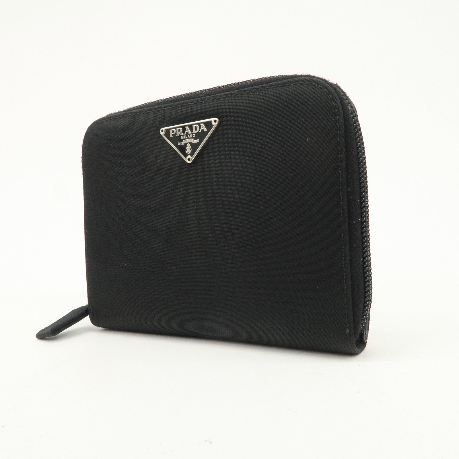 PRADA Tessuto Nylon Bi-fold Round Zippy Compact Wallet Black M605