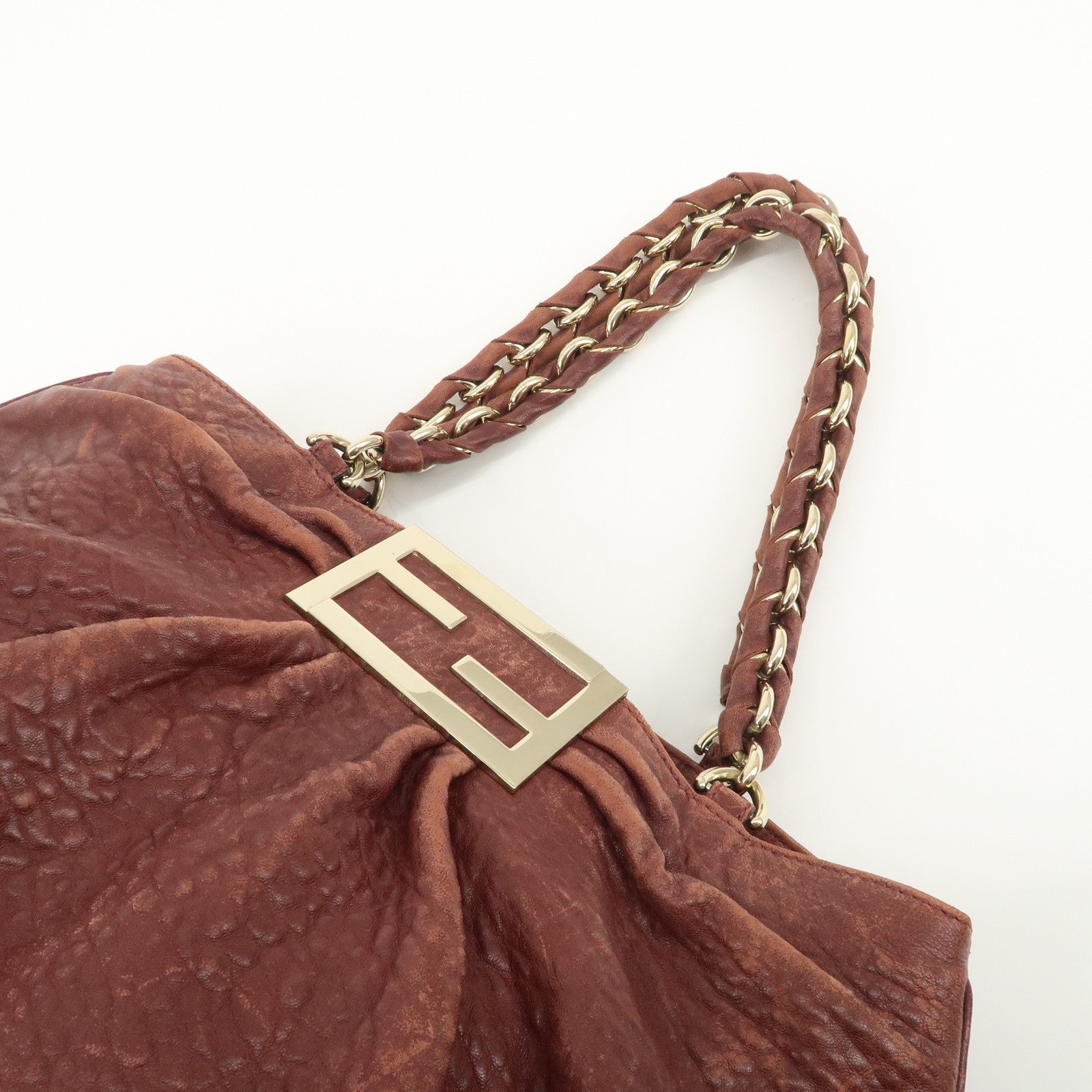 FENDI Mia Logo Leather Chain Tote Bag Shoulder Bag Bordeaux 8BR616