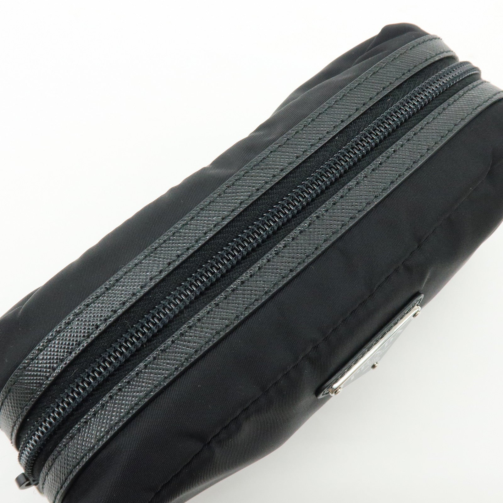 PRADA Triangle Logo Nylon Saffiano Leather Pouch Black