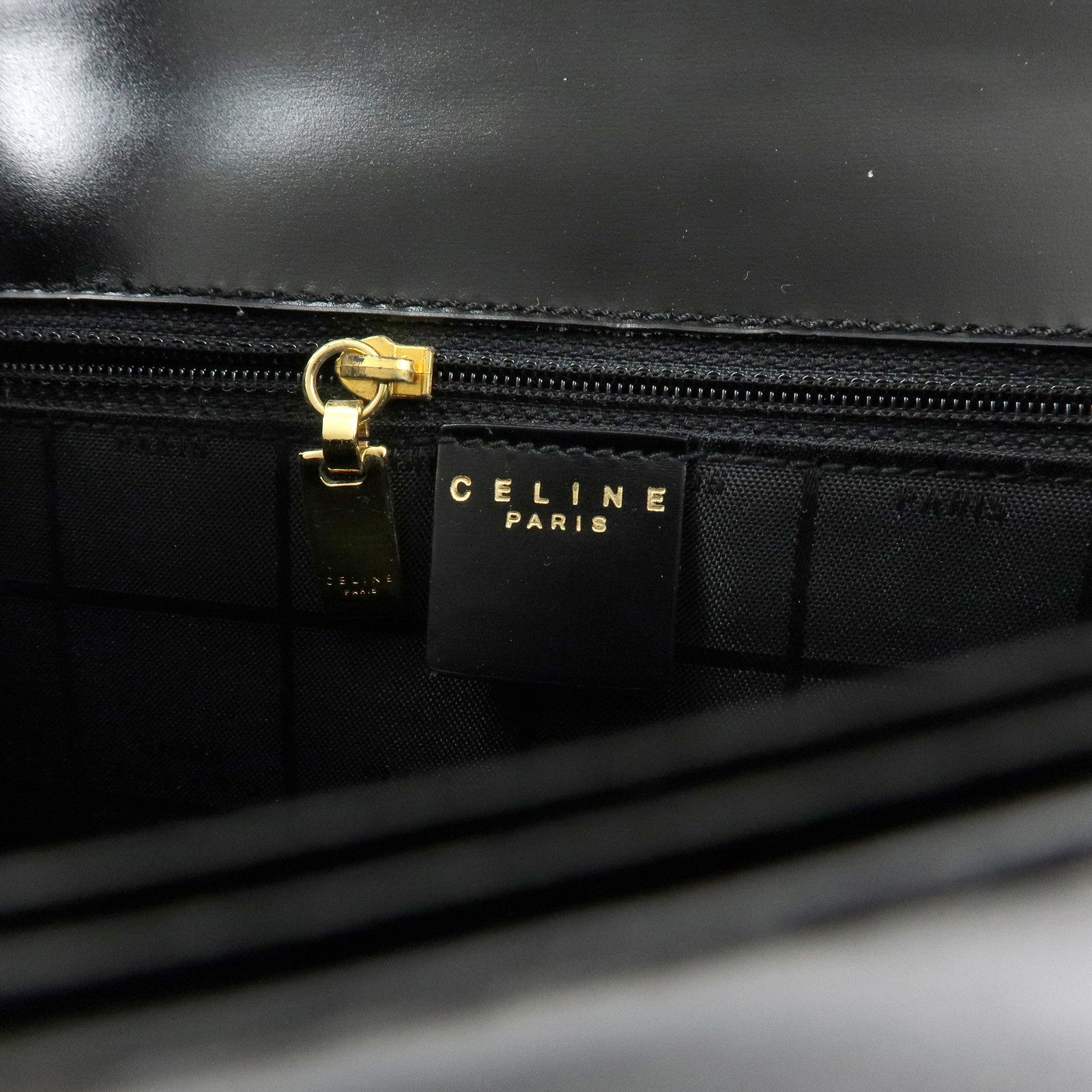 CELINE Leather Hand Bag Top-handle Bag Black Gold Chain