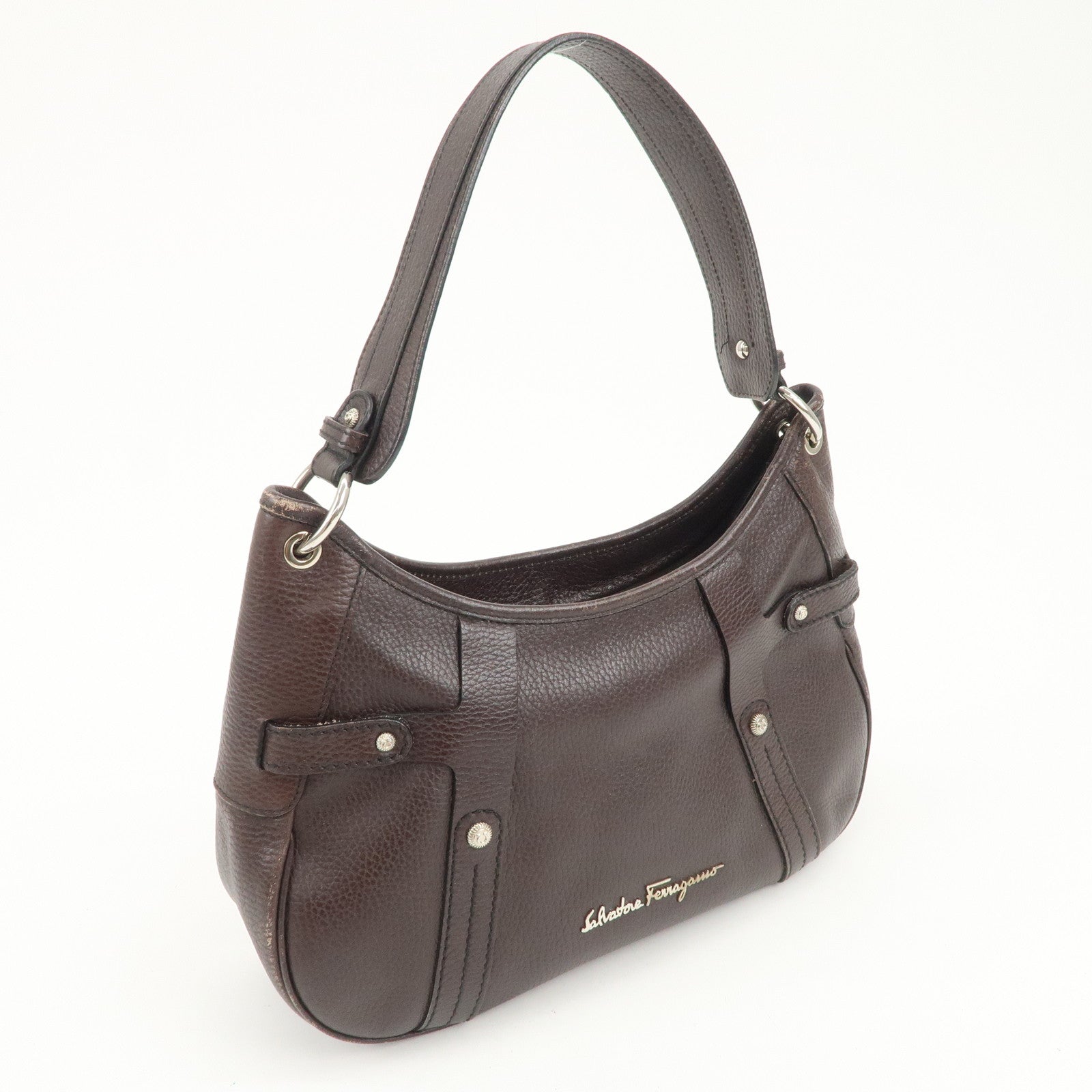 Ferragamo Gancini Leather Shoulder Bag Dark Brown Silver