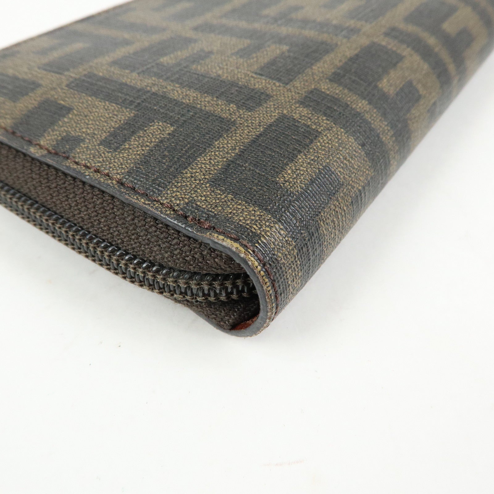 FENDI Zucchino Canvas Leather Round Zippy Long Wallet Brown 8M0024