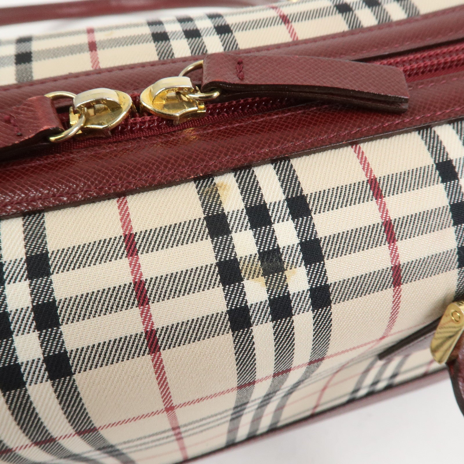 BURBERRY Nova Plaid Canvas Leather Shoulder Hand Bag Beige Bordeaux