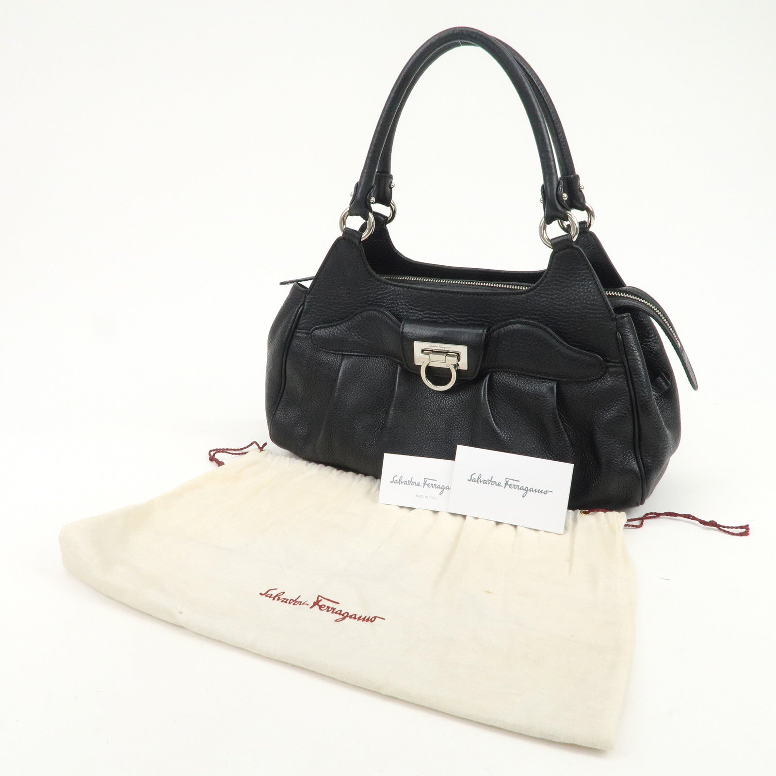 Ferragamo Gancini Leather Hand Bag Shoulder Bag Black Silver