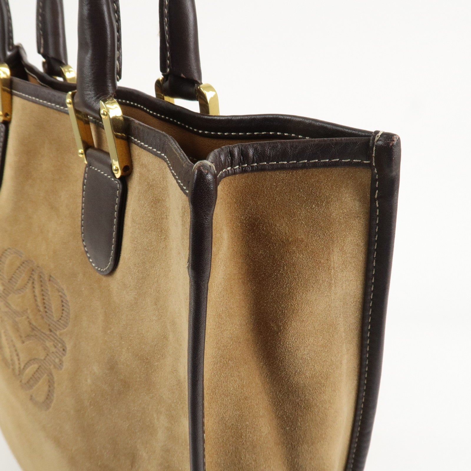 LOEWE Anagram Leather Suede Tote Bag Hand Bag Brown Beige