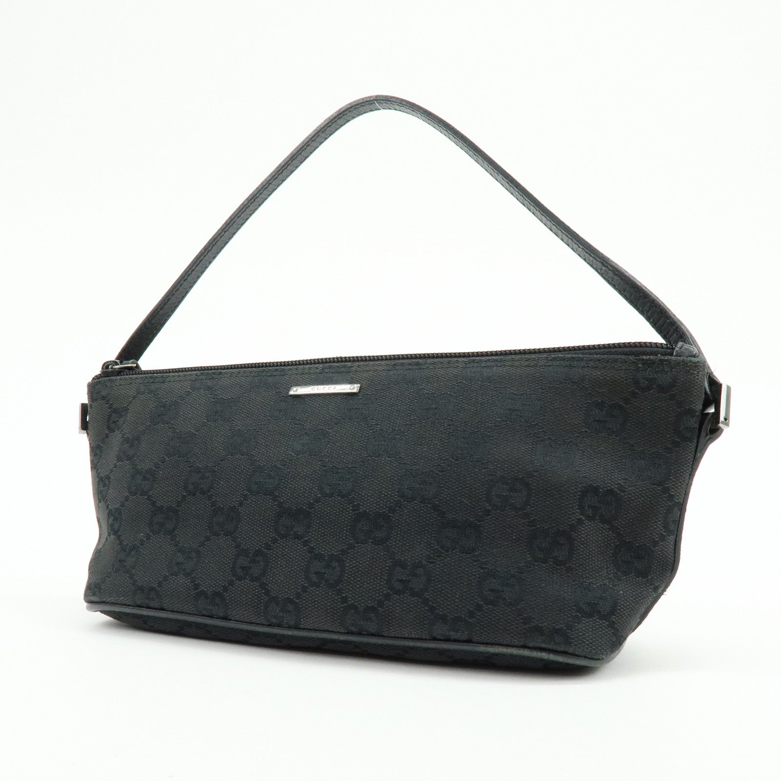 GUCCI Boat Bag GG Canvas Leather Hand Bag Pouch Black 07198