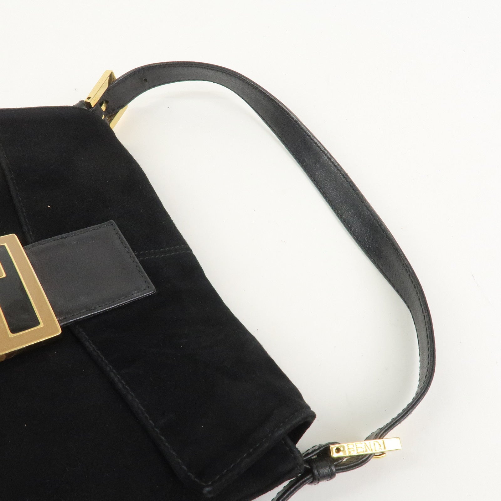 FENDI Mamma Baguette Logo Suede Shoulder Bag Black 26424