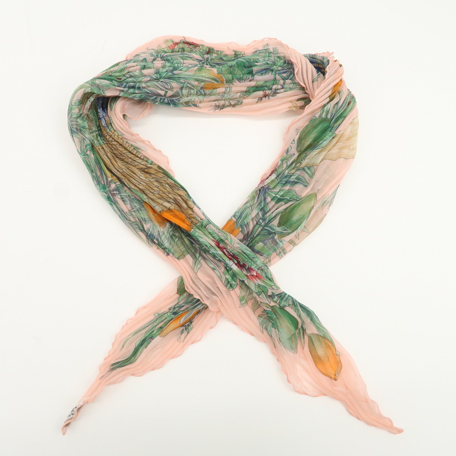 HERMES Pleated Carre Silk 100% Scarf PASSIFLORES Pink Multicolor