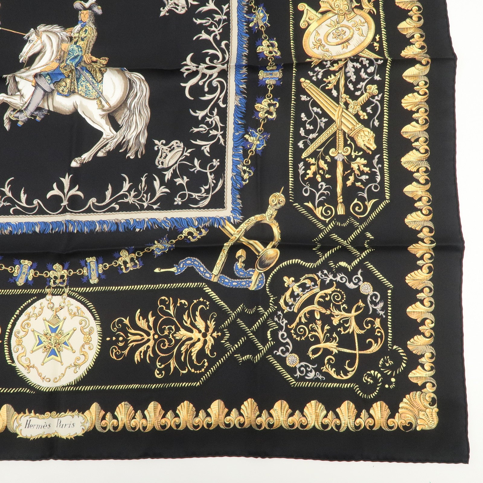 HERMES Carre 90 Silk 100% Scarf LVDOVICVS MAGNVS Black Yellow