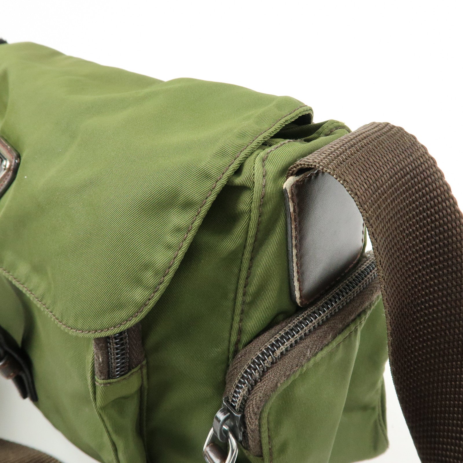 PRADA Triangle Logo Nylon Leather Shoulder Bag Khaki Brown