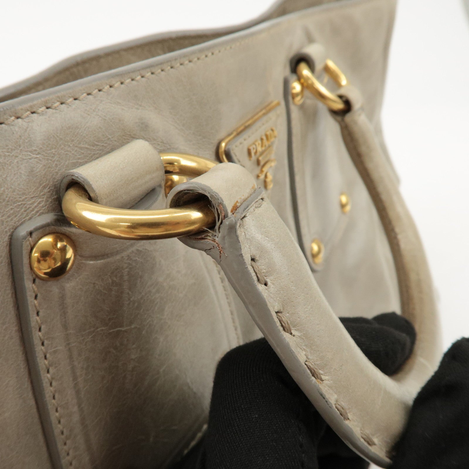 PRADA Triangle Logo Leather 2Way Bag Tote Bag Gray BN2104 Used