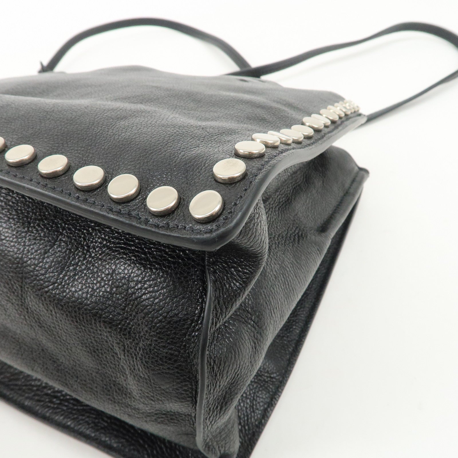 PRADA Logo Etiquette Leather Tote Bag Studs Black 1BG121