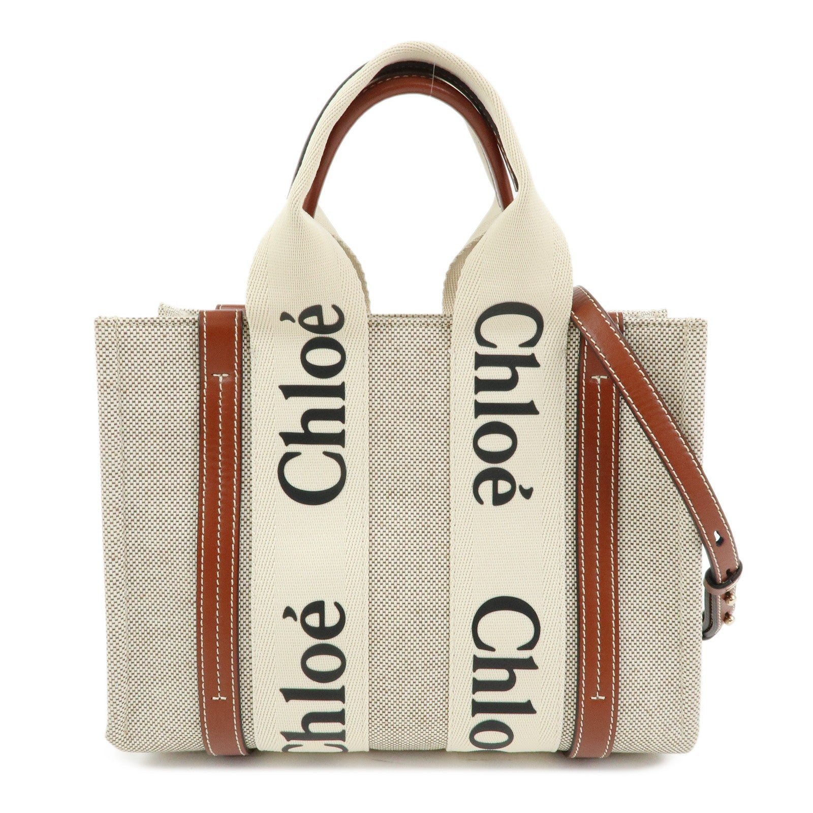 Chloe Woody Canvas Leather 2Way Bag Shoulder Bag Natural Brown