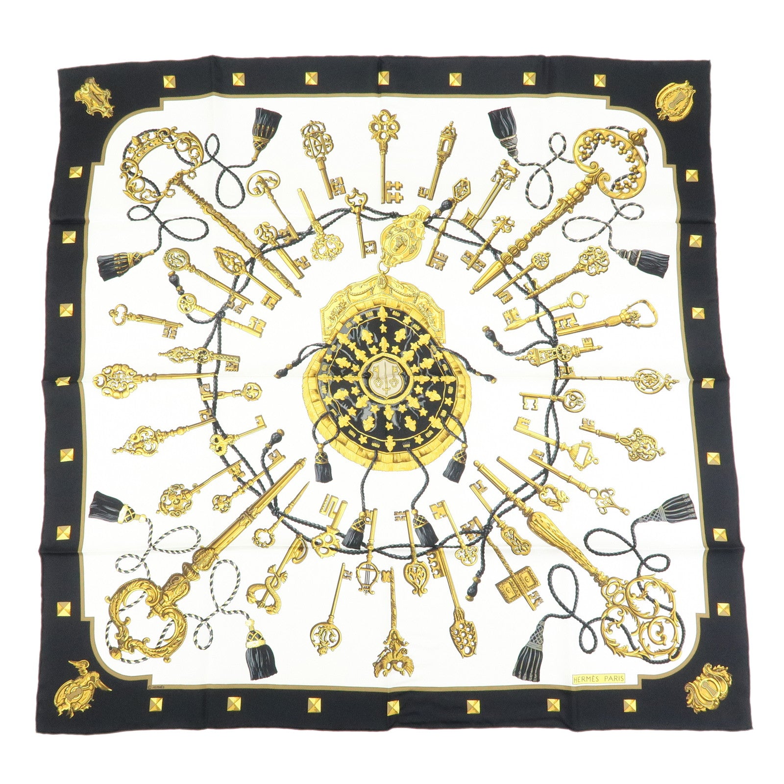 HERMES Carre 90 Silk 100% Scarf LES CLES THE KEYS RARE White Black
