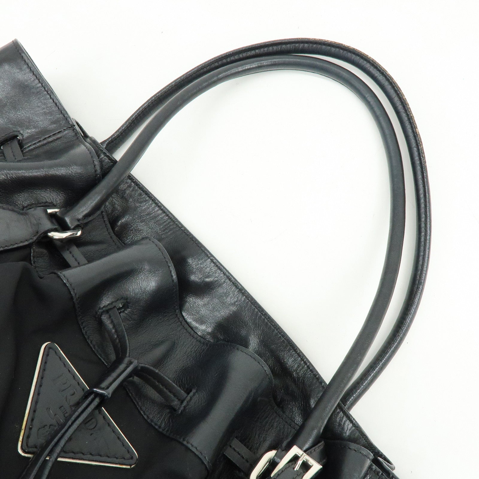 PRADA Triangle Logo Nylon Leather Tote Bag Hand Bag Black BR3616