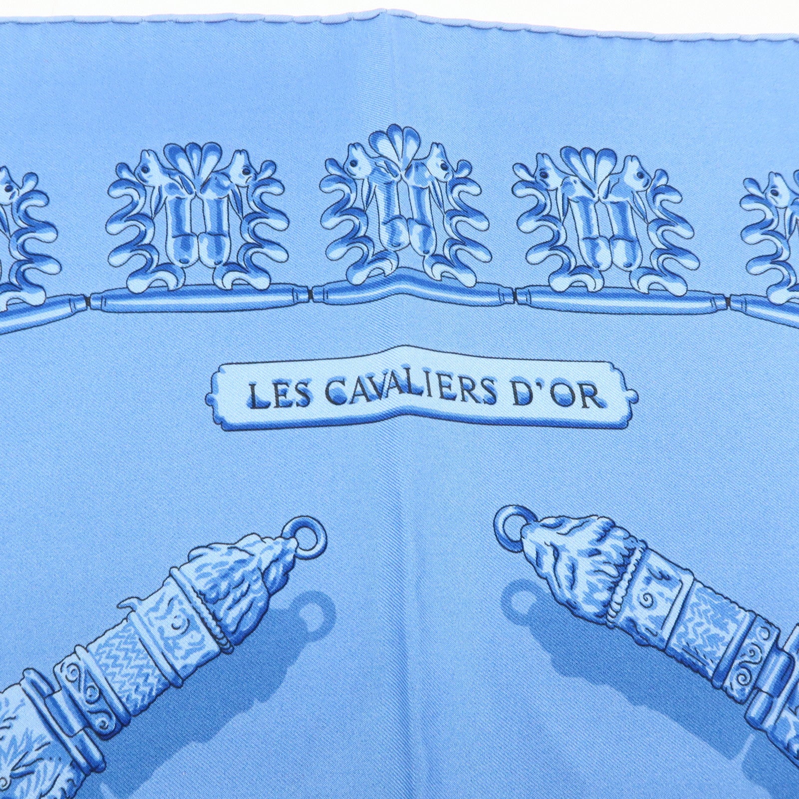 HERMES Carre 90 Silk 100% LES CAVALIERS D'OR Scarf Light Blue