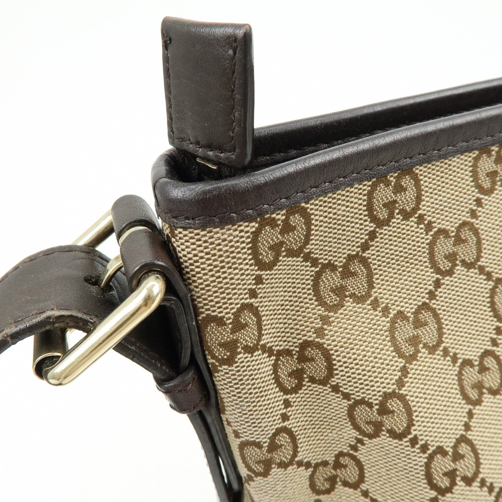 GUCCI GG Canvas Leather Shoulder Bag Beige Dark Brown 388930
