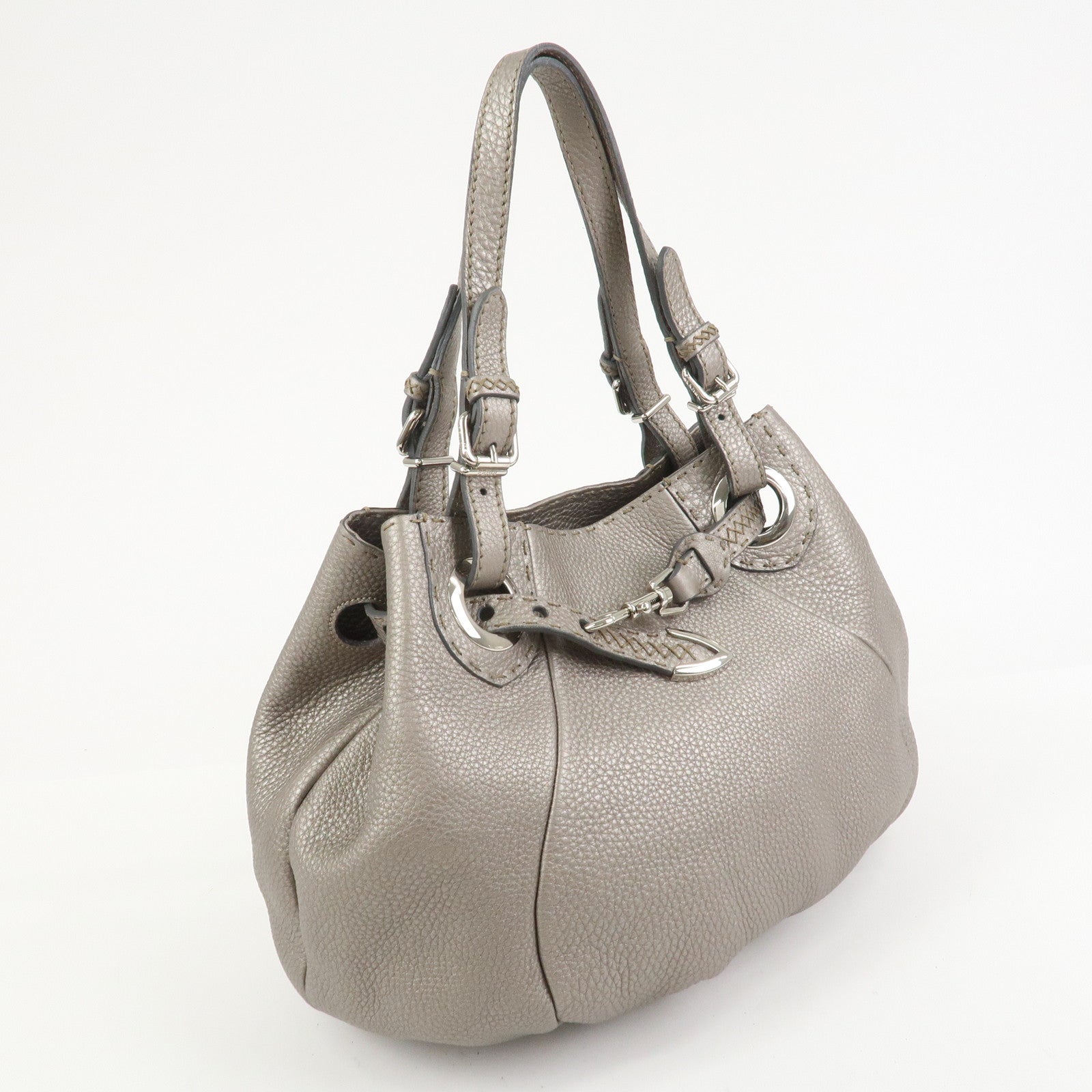 FENDI Selleria Leather Hand Bag Shoulder Bag Silver 8BR595