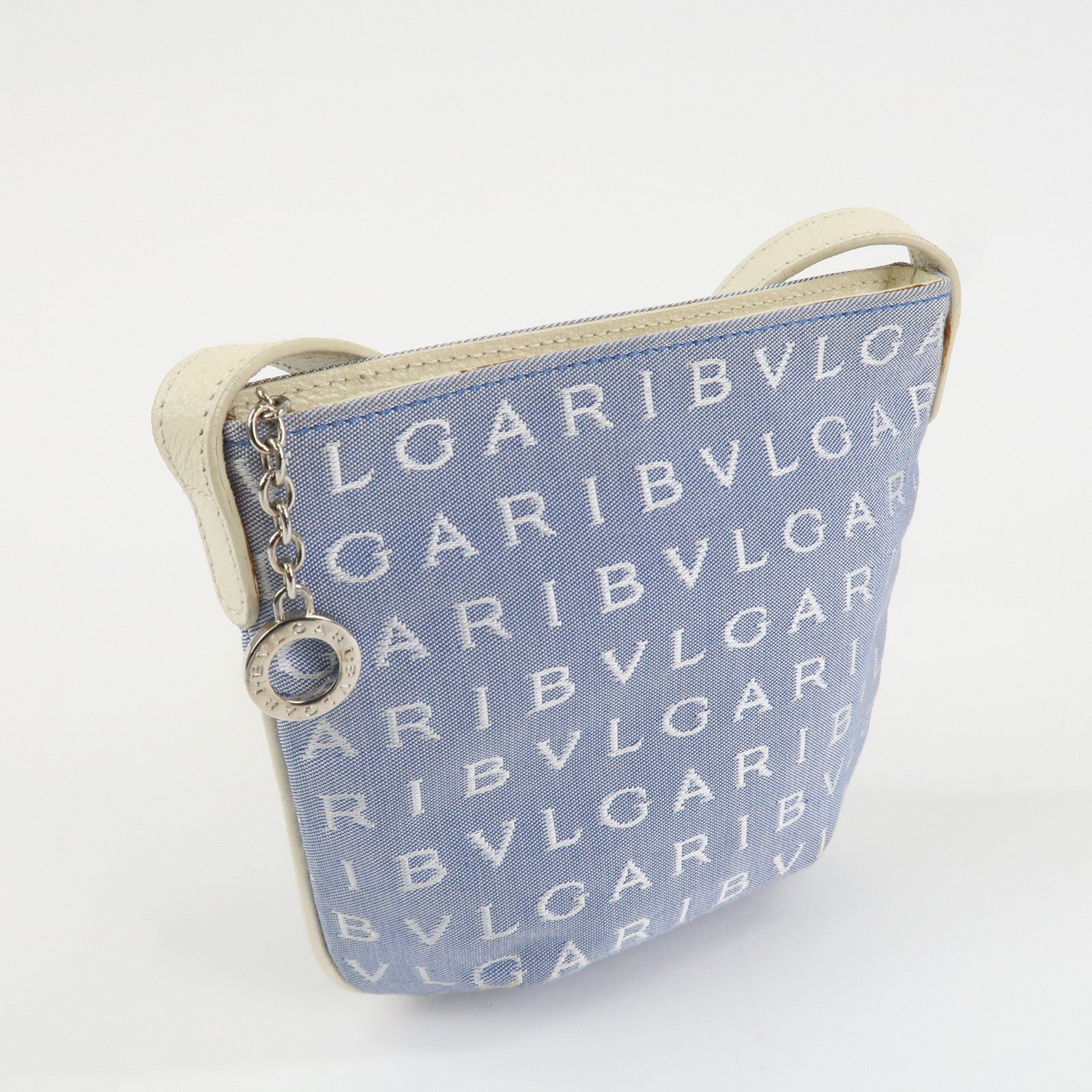 BVLGARI Logo Mania Leather Canvas Shoulder Bag Ivory Light Blue Used