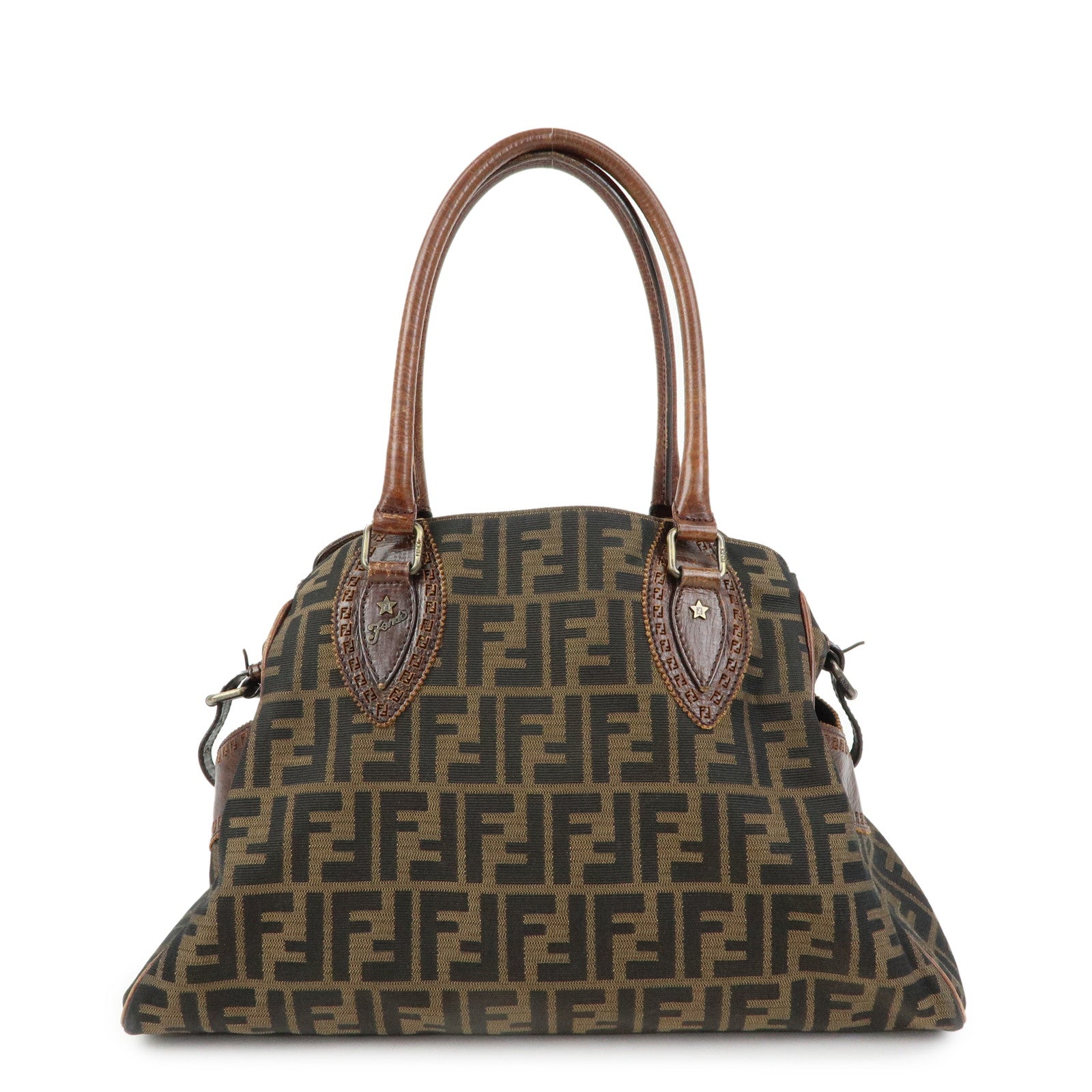 FENDI Ethnico Zucca Canvas Leather Tote Shoulder Bag Brown 8BN162