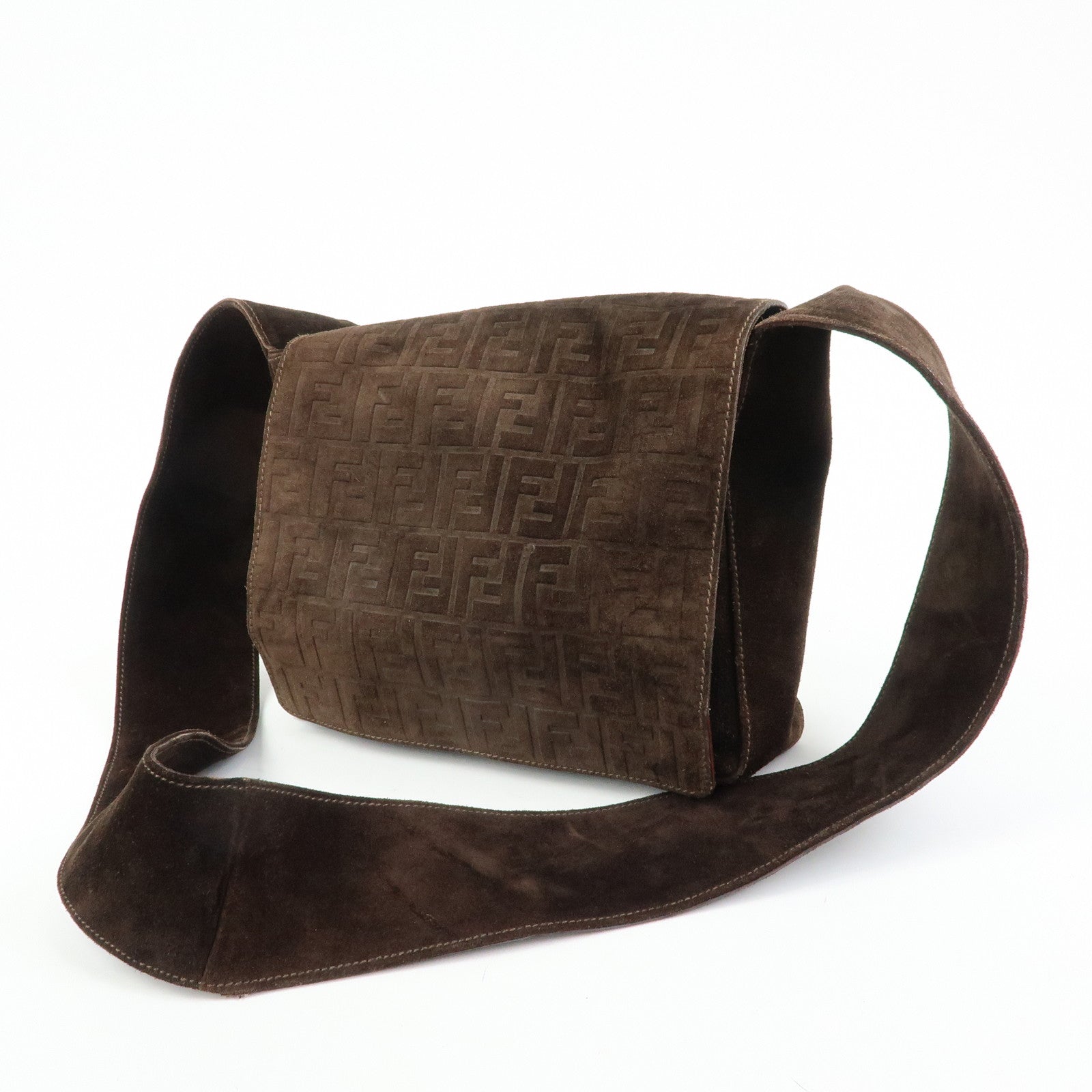 FENDI Zucca Suede Flap Shoulder Bag Crossbody Bag Brown
