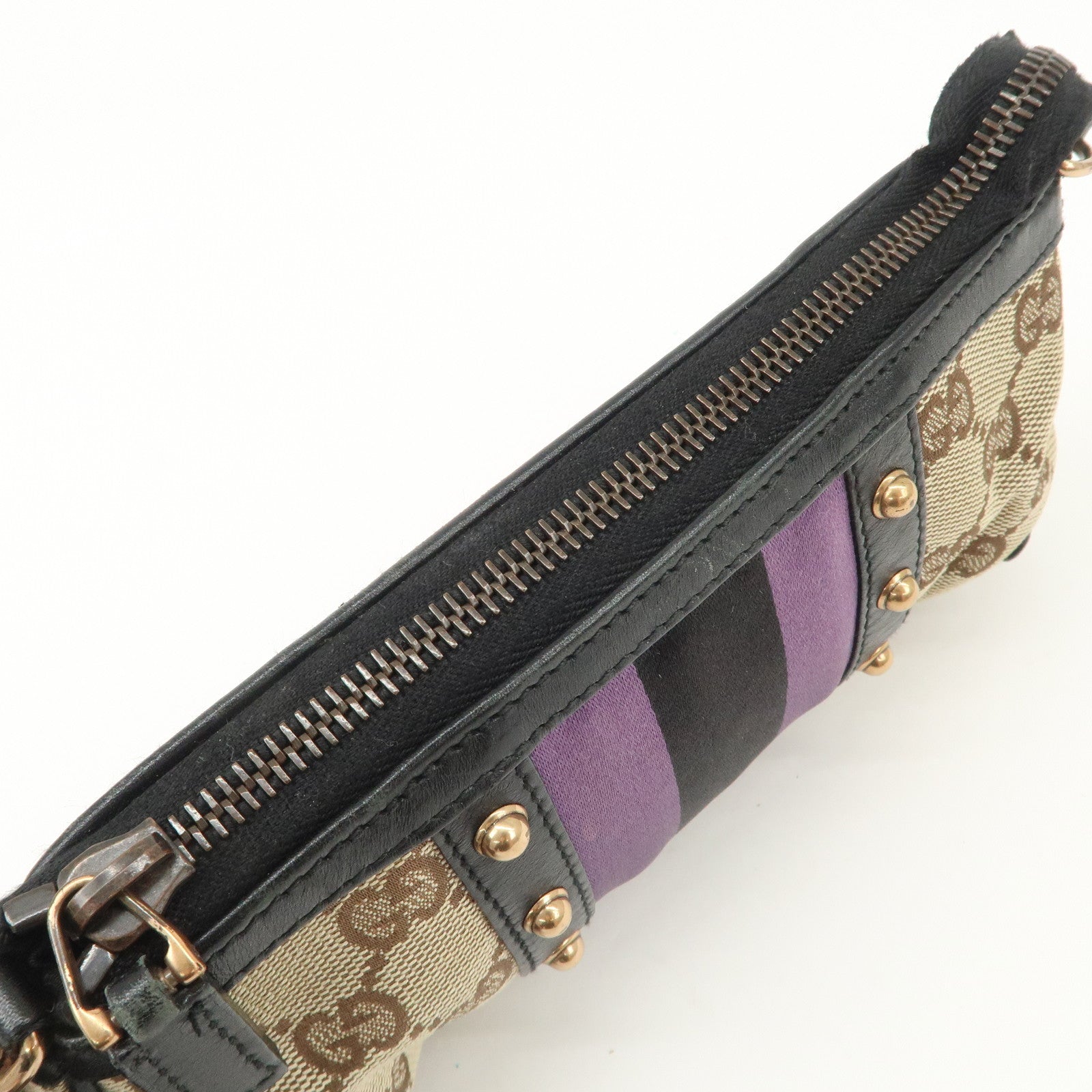GUCCI Sherry Bamboo GG Canvas Leather Chain Bag Black Purple 129423 Used