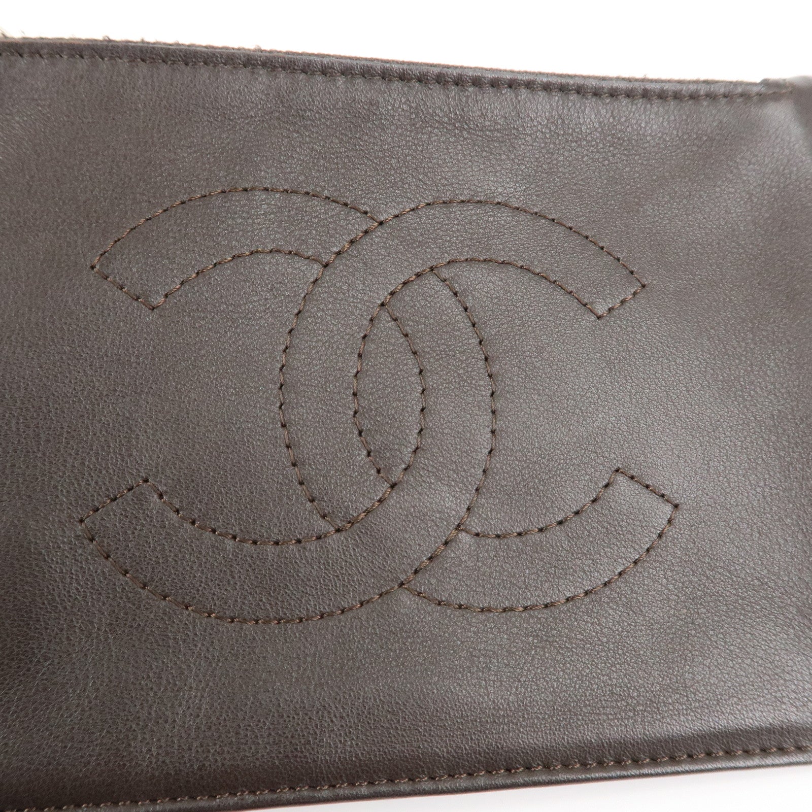 CHANEL Lamb Skin COCO Mark Pouch Silver Hardware Brown A25183 Used