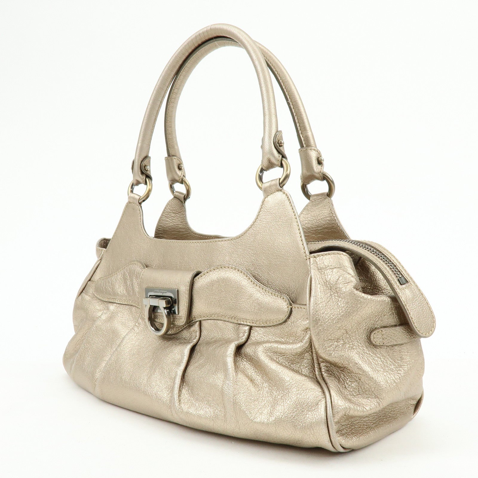 Ferragamo Gancini Leather Shoulder Bag Hand Bag Champagne Gold