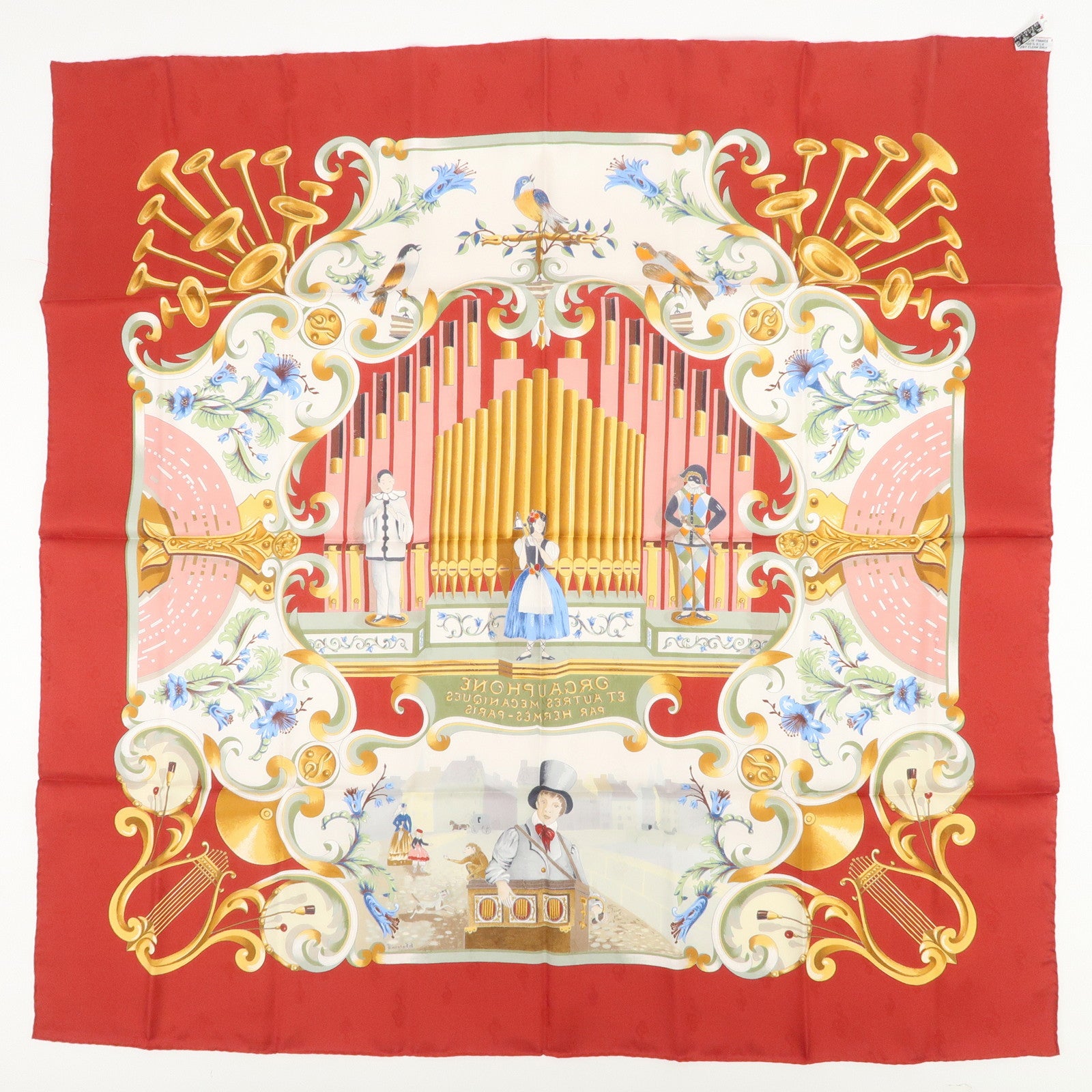 HERMES Carre 90 Silk 100% ORGAUPHONE ETAUTRES MECANIQUES Scarf Red
