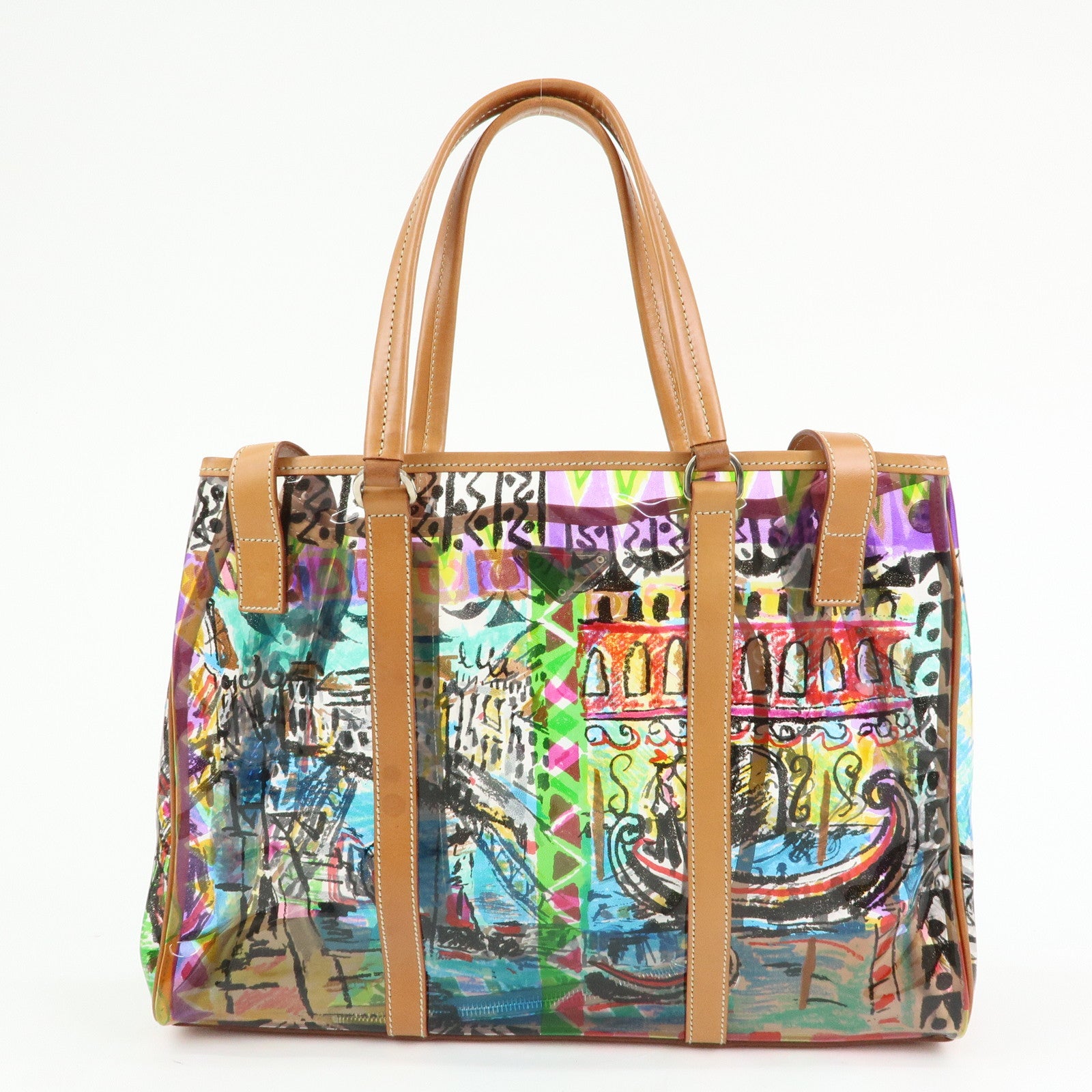 PRADA Venetian Print PVC Leather Tote Bag Clear Multicolor BR2515